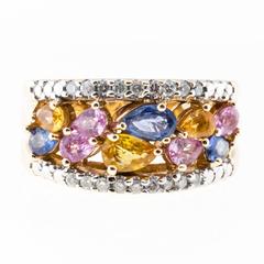 Multi Color Sapphire Diamond Gold Ring 8