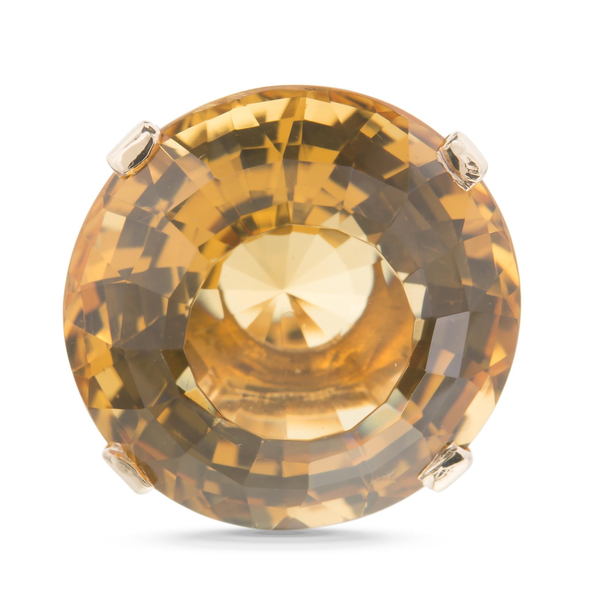 20.00 Carat Round Citrine Yellow Gold Large Cocktail Ring In Good Condition In Stamford, CT