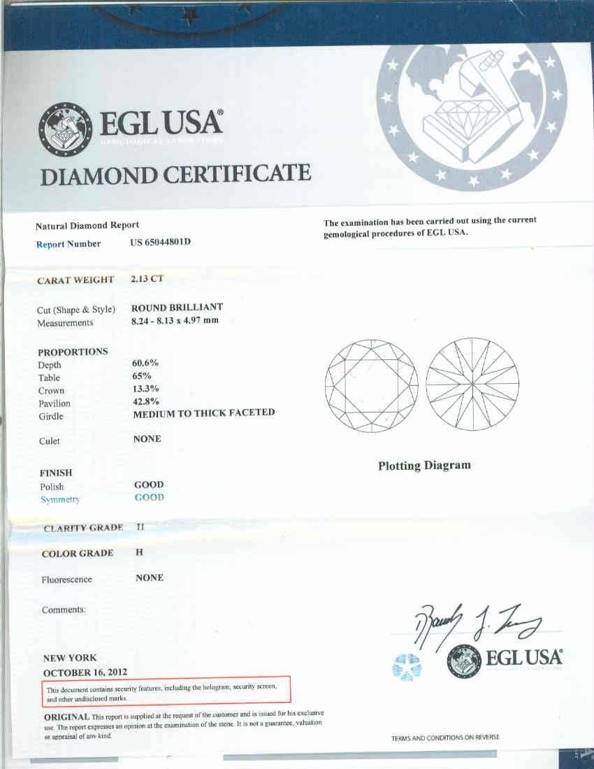 Bague de fiançailles solitaire en or blanc avec diamants de 2,13 carats certifiés EGL en vente 5