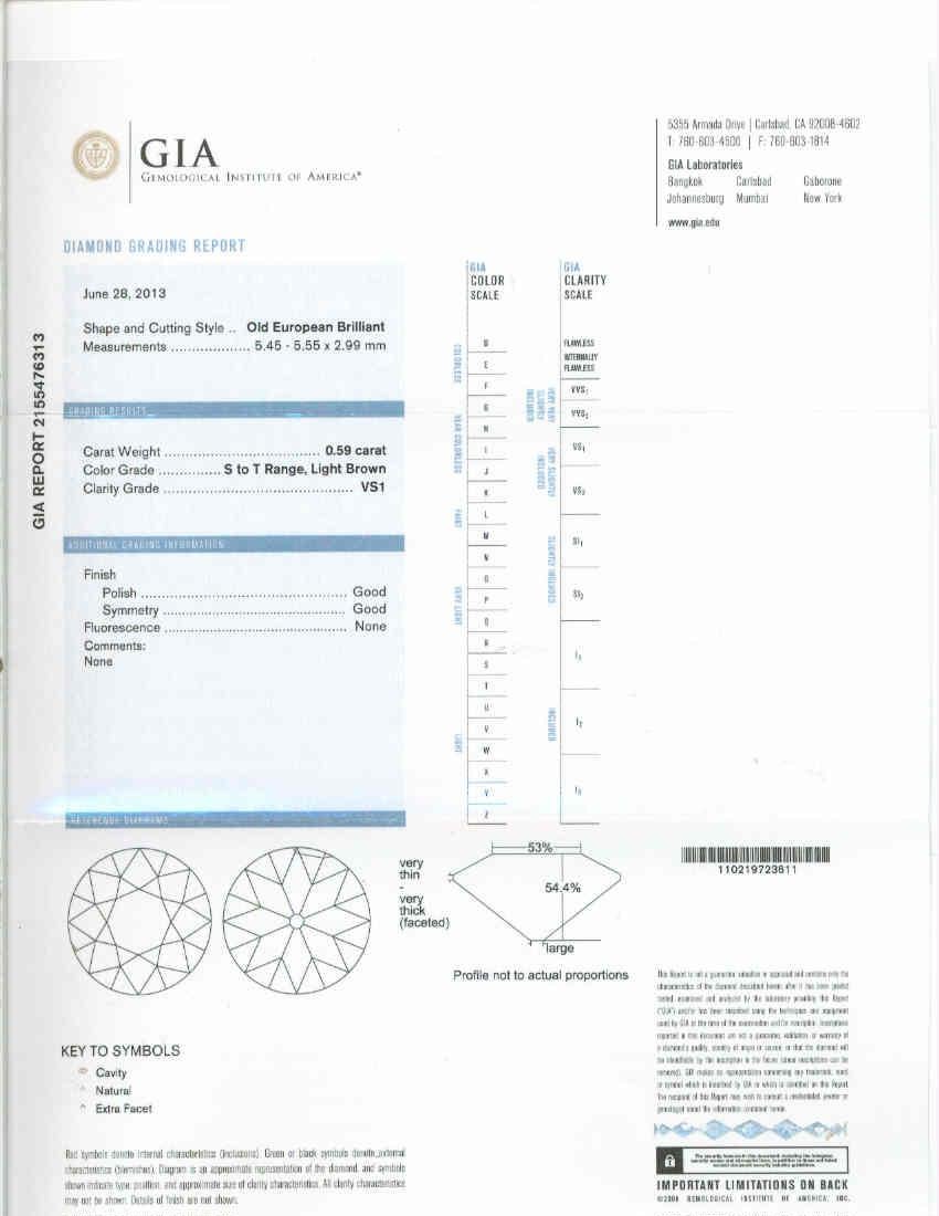 Bague de fiançailles en platine avec diamant européen ancien de 0,59 carat certifié par le GIA en vente 1