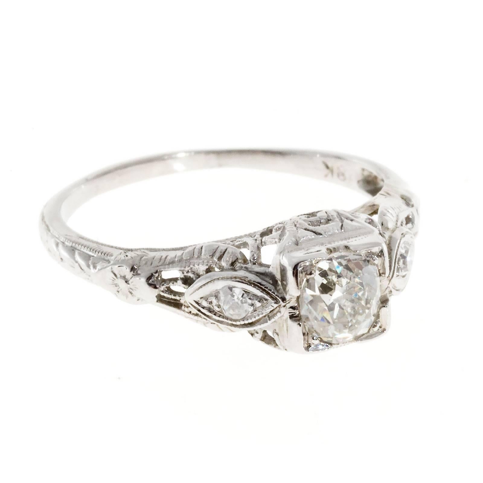Art Deco Cushion Cut Diamond Three-Stone Gold Engagement Ring 1