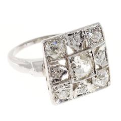 Old Mine Diamond Art Deco Platinum Square Cocktail Ring