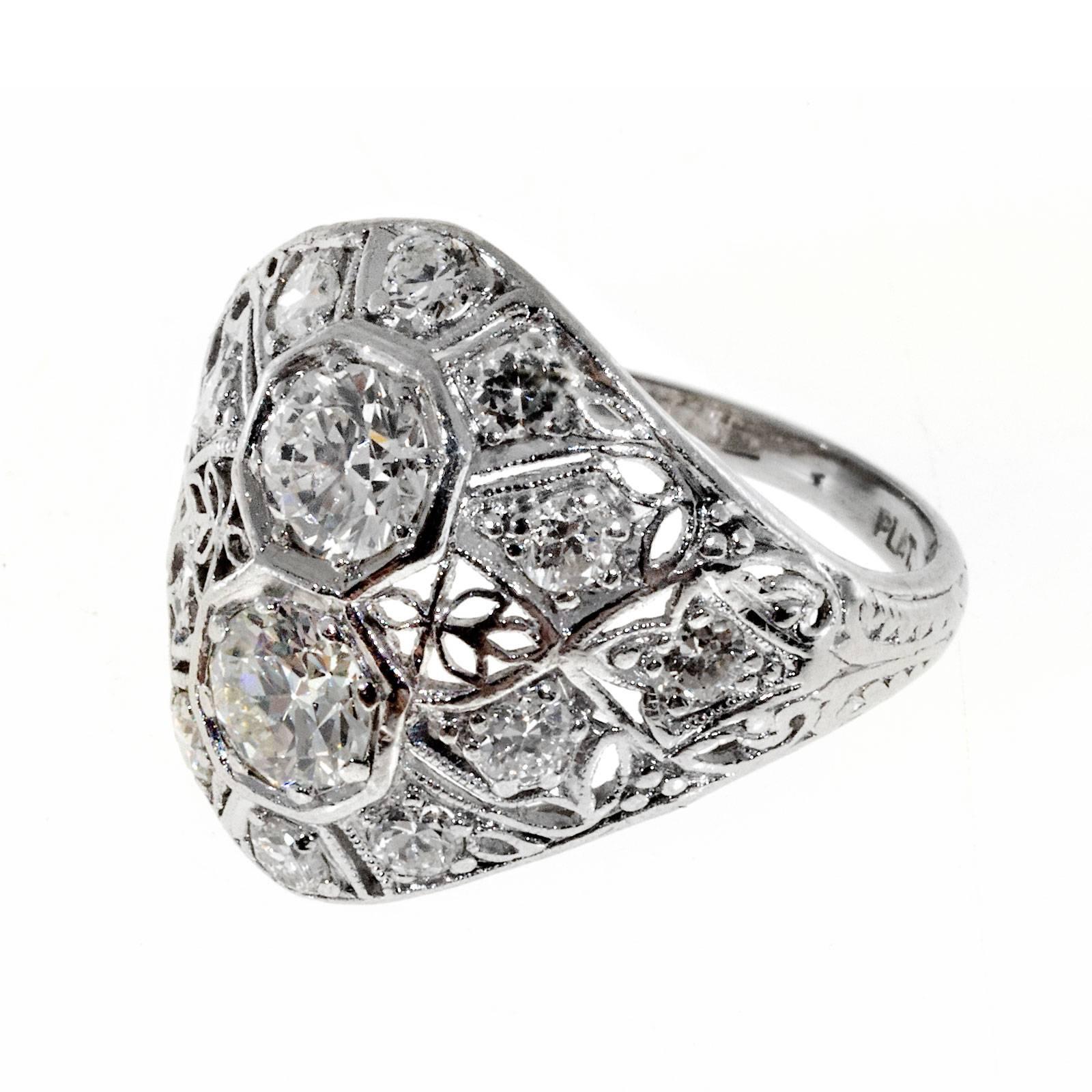 Old European Cut Art Deco Diamond Domed Platinum Cocktail Ring For Sale