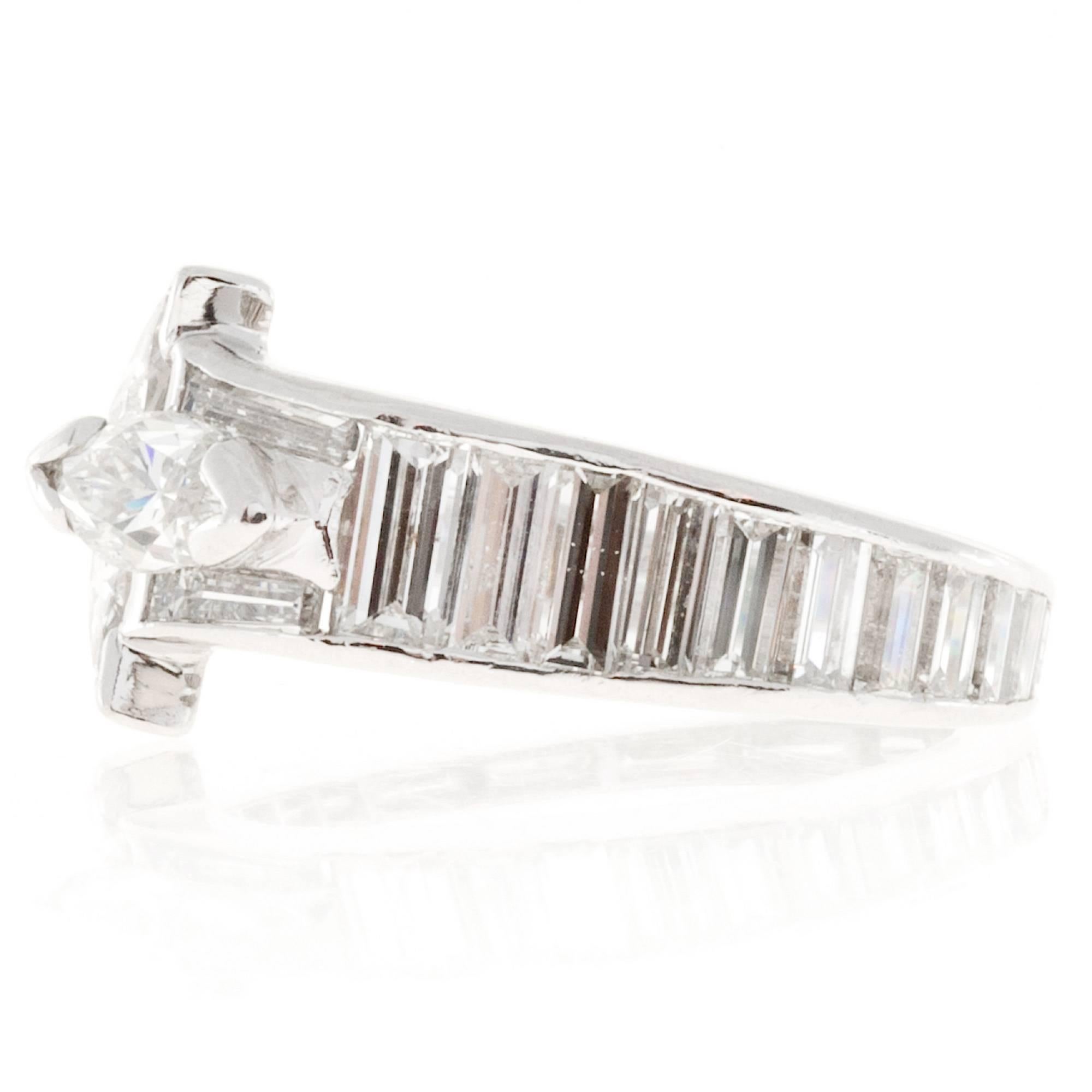 Marquise Cut 1.35 Carat Marquise Baguette Diamond Platinum Ring