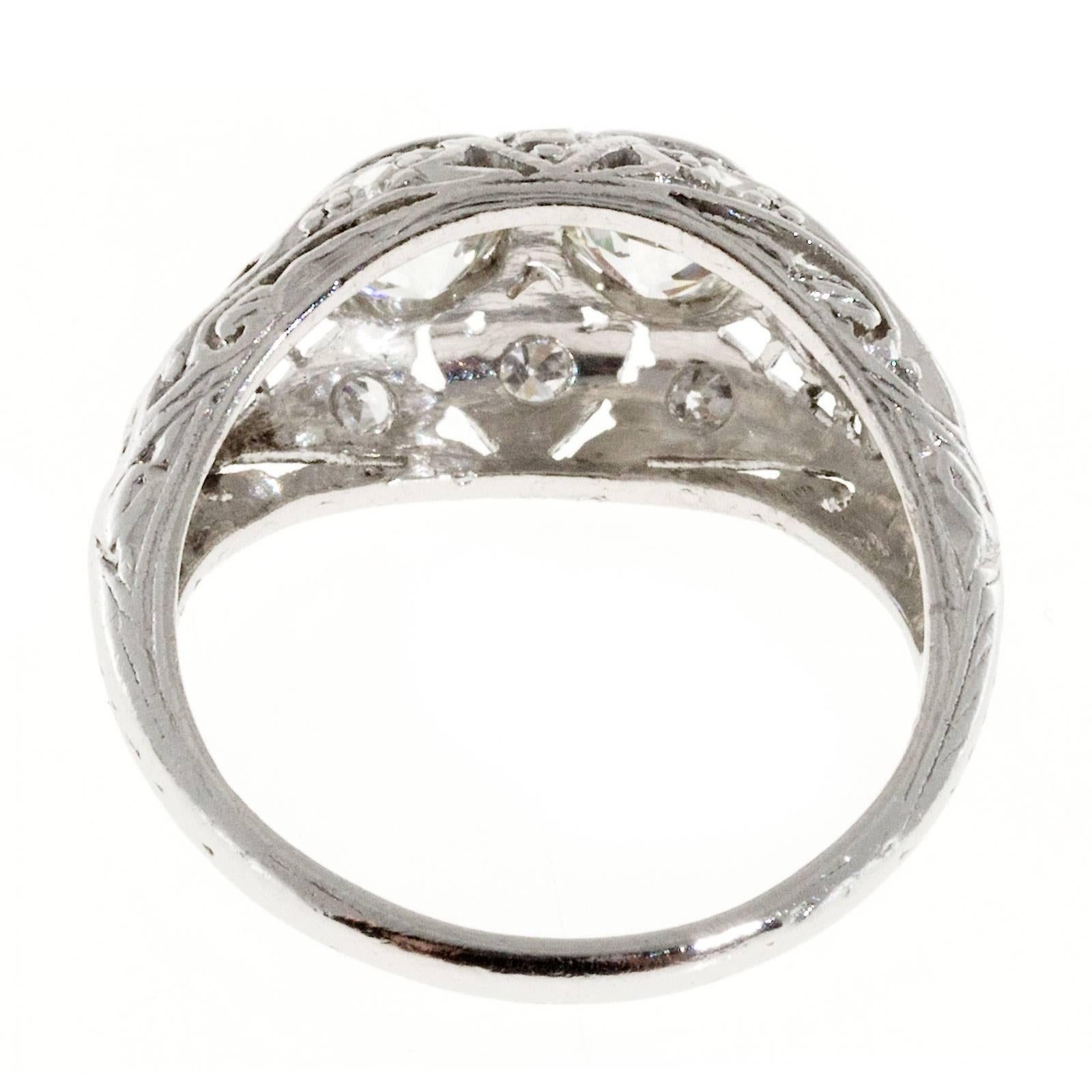 Old European Cut Art Deco Diamond Filigree Dome Platinum Engagement Ring For Sale