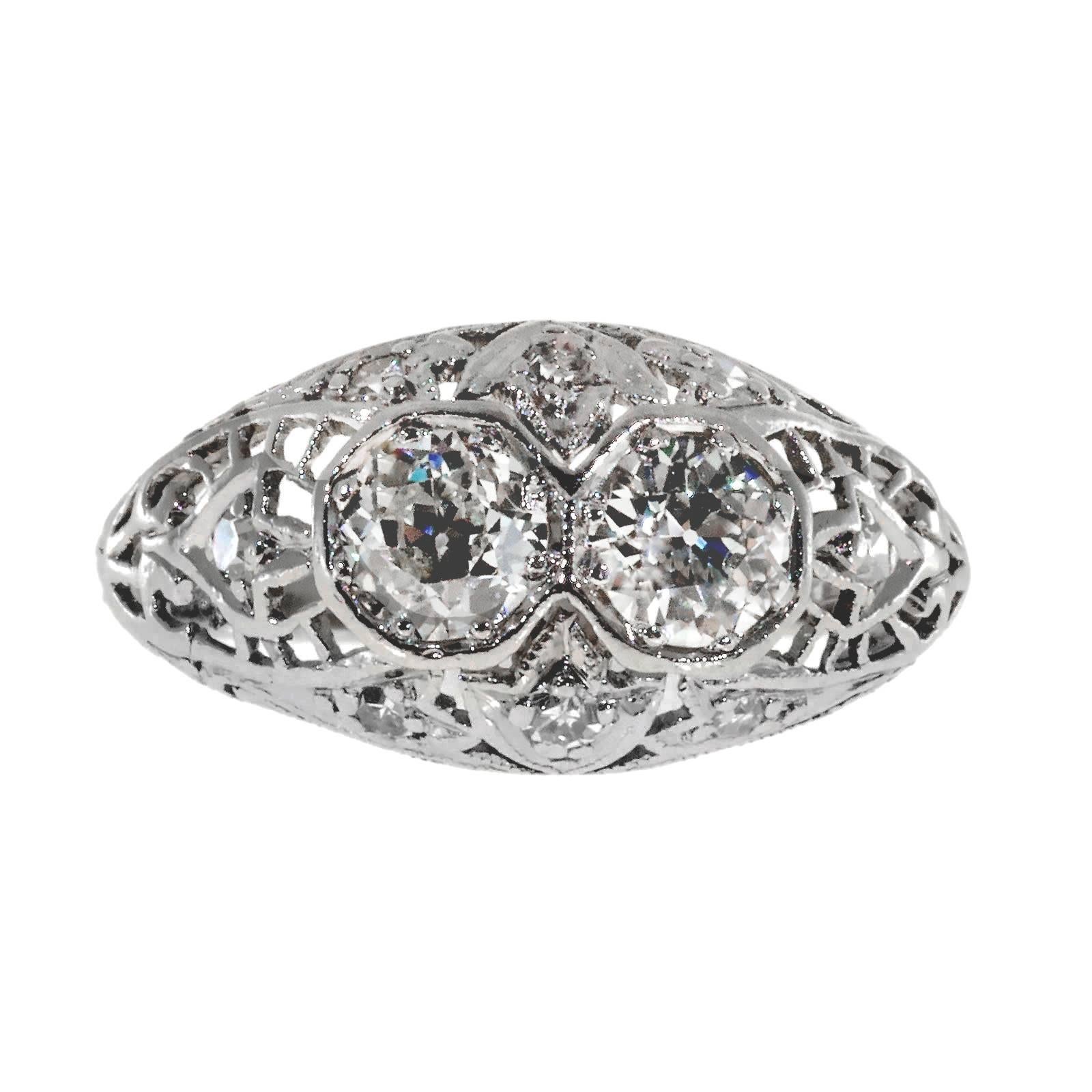 Women's Art Deco Diamond Filigree Dome Platinum Engagement Ring For Sale