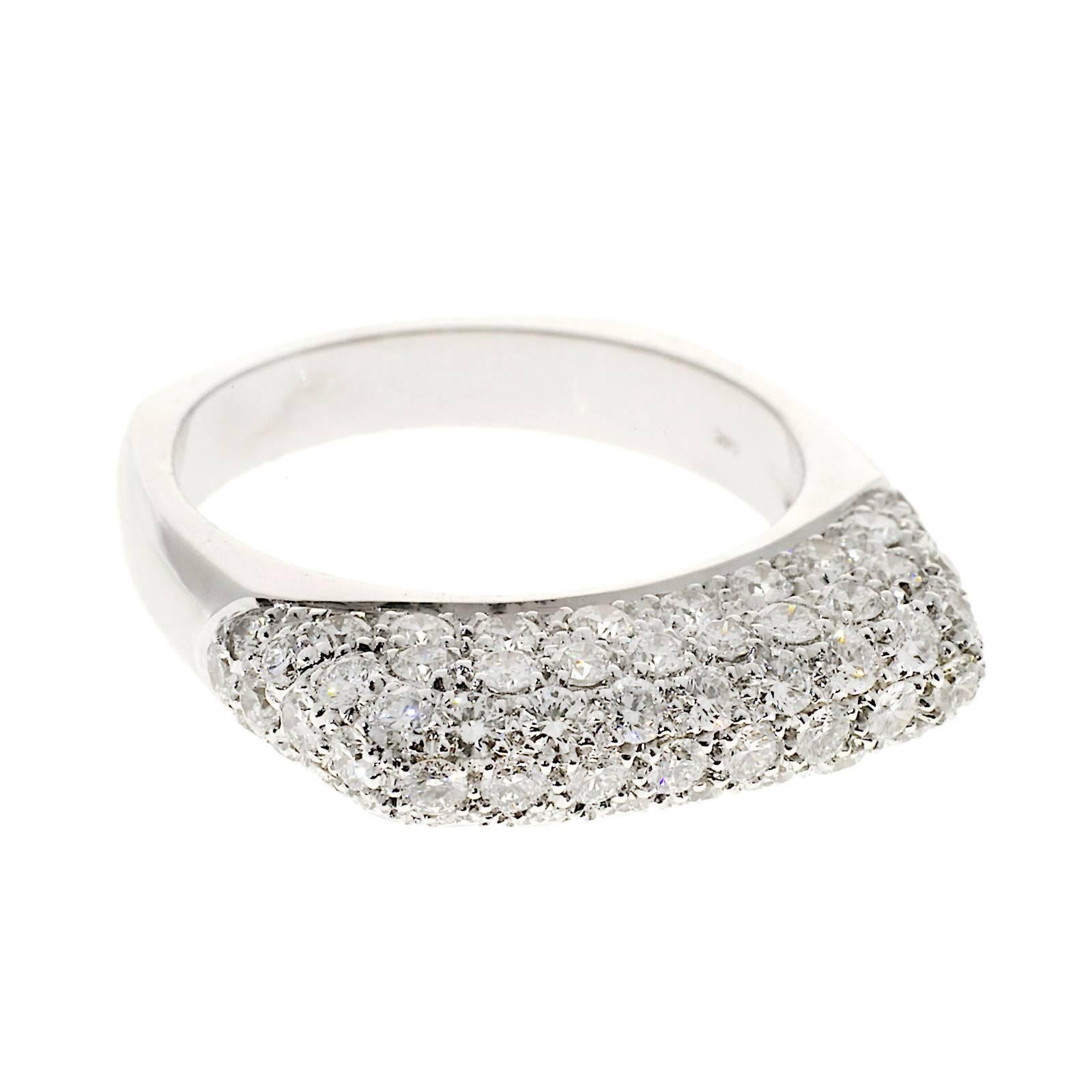 Handmade pave diamond domed 14k white gold setting. 

Approx. 70 full cut diamonds, approx. total weight 1.07cts, F, VS1 to VS2
14k White Gold
Stamped: 14k
4.7 grams
Width at top: 4.8mm
Height at top: 6mm
Width at bottom: 3.4mm
Size 6 3/4 and sizable