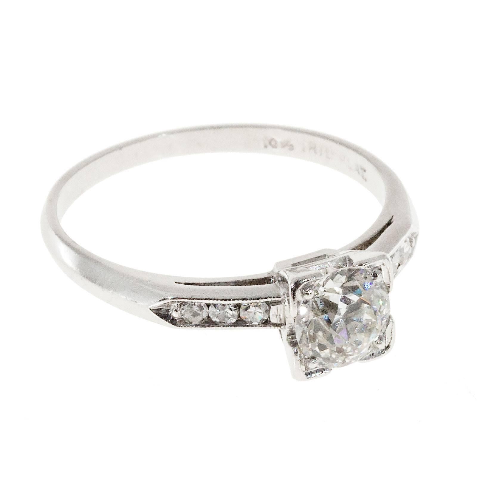 Original handmade Art Deco old European diamond Platinum engagement ring circa 1920's. crt

1 Old European cut diamond, approx. total weight .57cts, G-H, SI3 Depth: 63.6% Table 49%, 5.28 x 5.25 x 3.34mm
6 single cut diamonds, approx. total weight