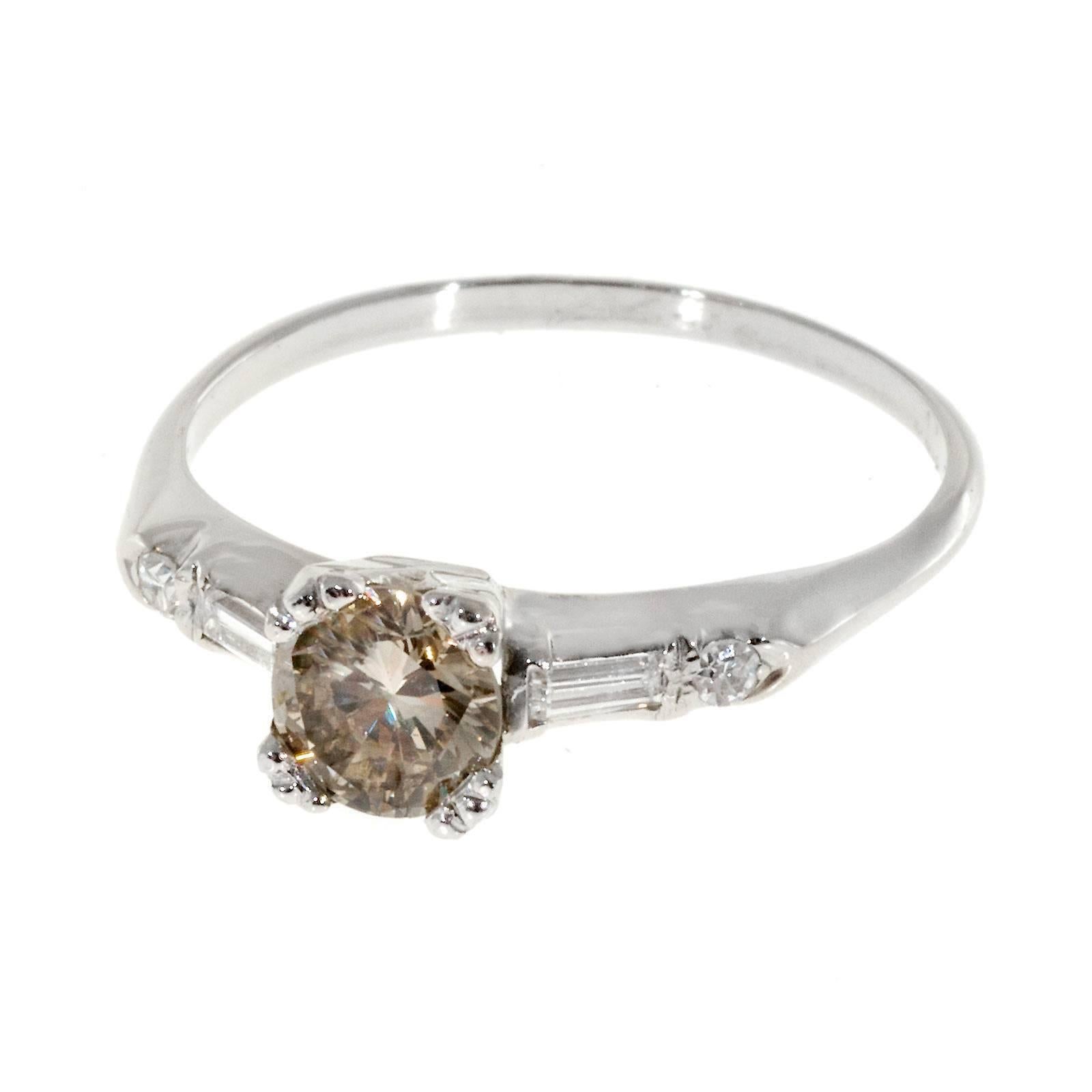 Art Deco Light Brown Diamond Baguette Gold Engagement Ring