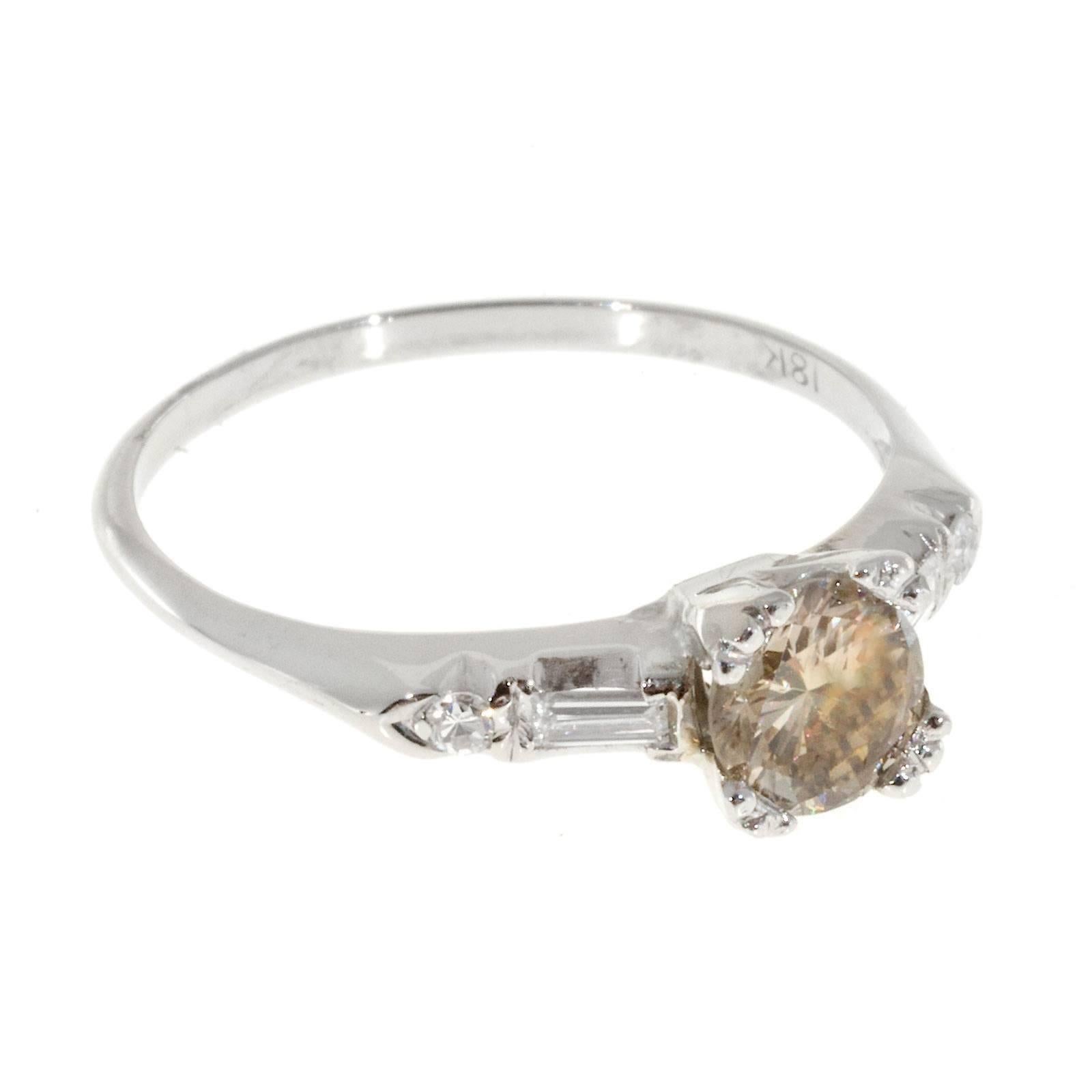 Women's Art Deco Light Brown Diamond Baguette Gold Engagement Ring