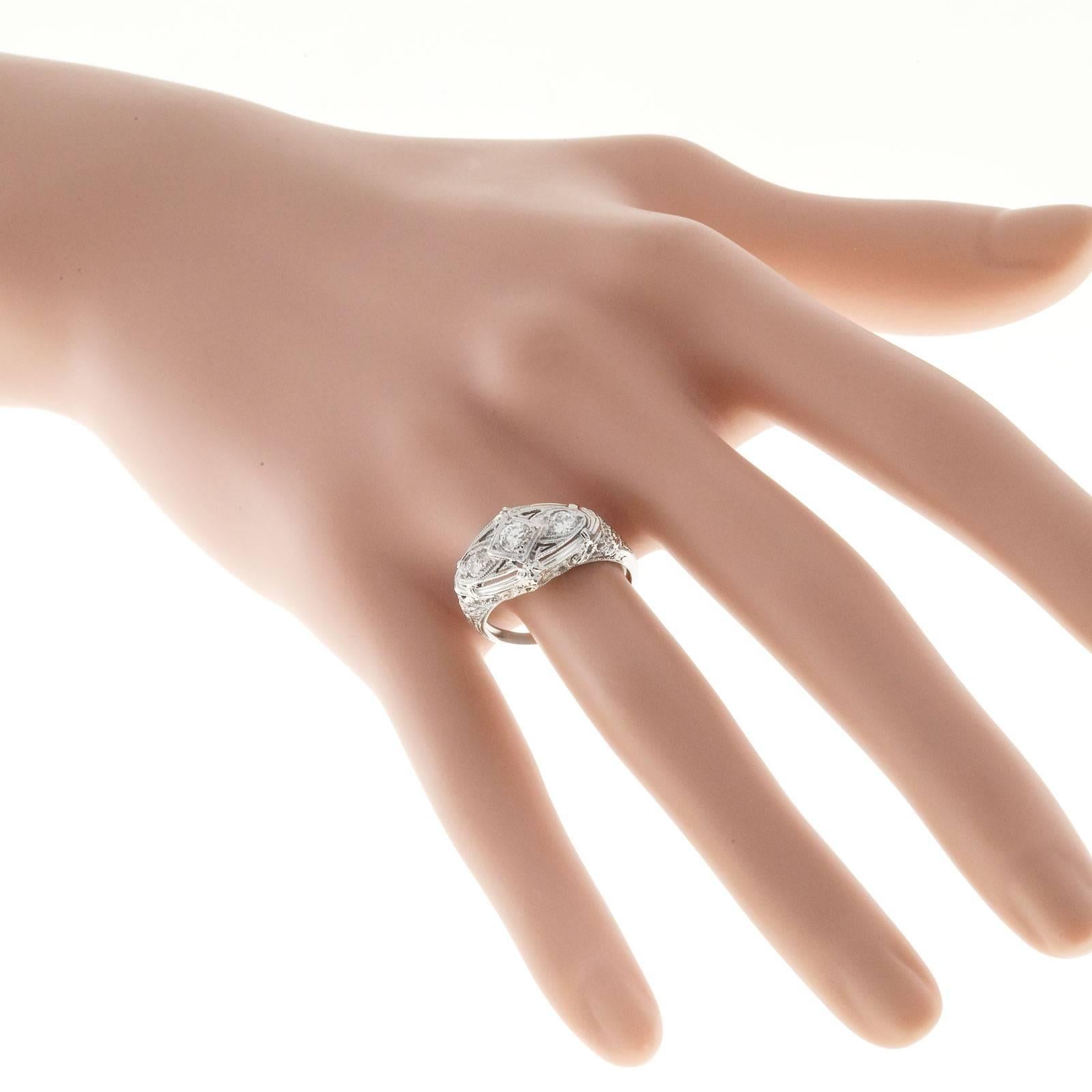 Women's Art Deco Diamond Three-Stone Filigree Platinum Gold Engagement Ring