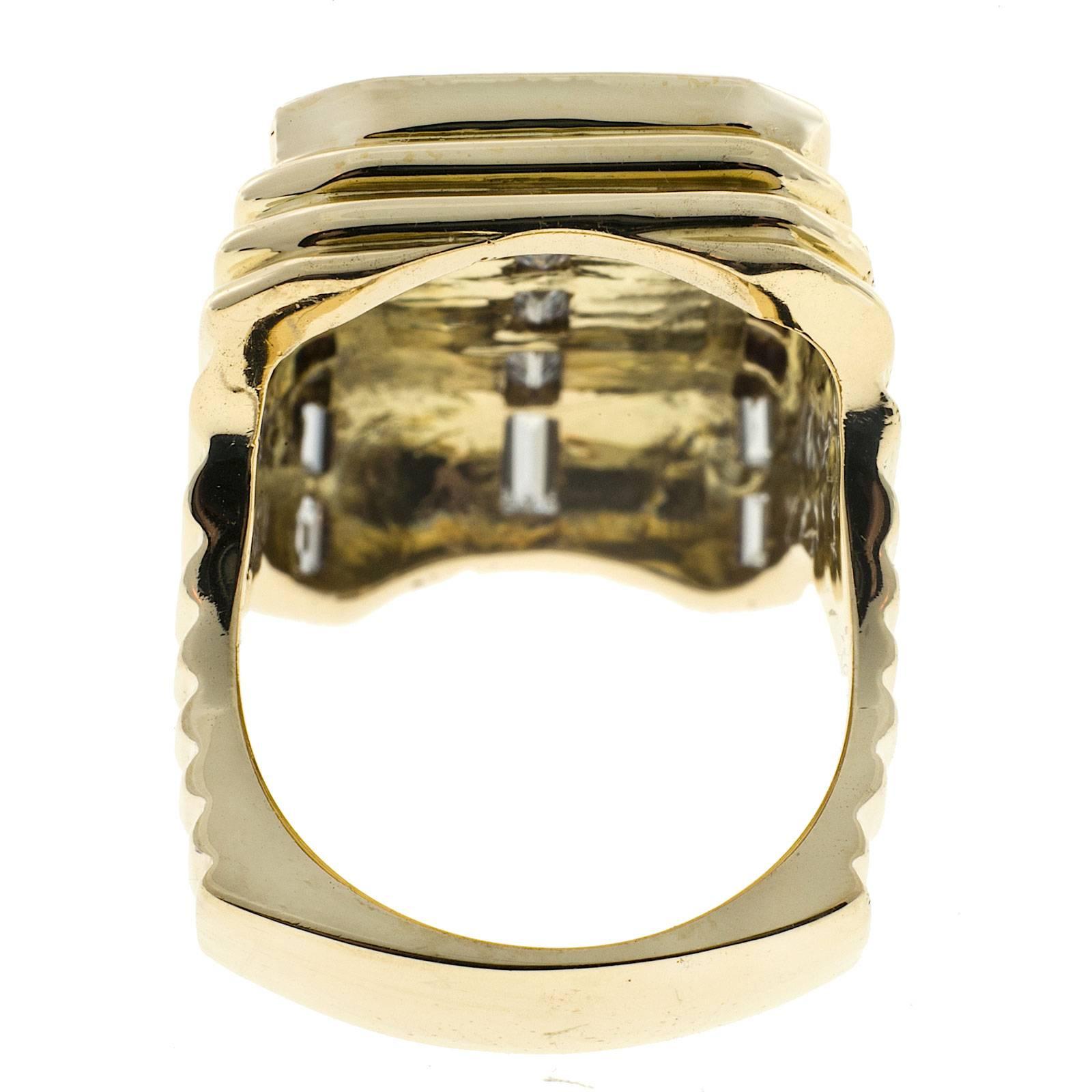 Women's or Men's Oblong 3-D Baguette Diamond Gold Ring