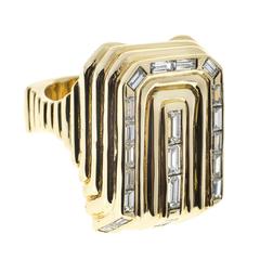 Vintage Oblong 3-D Baguette Diamond Gold Ring