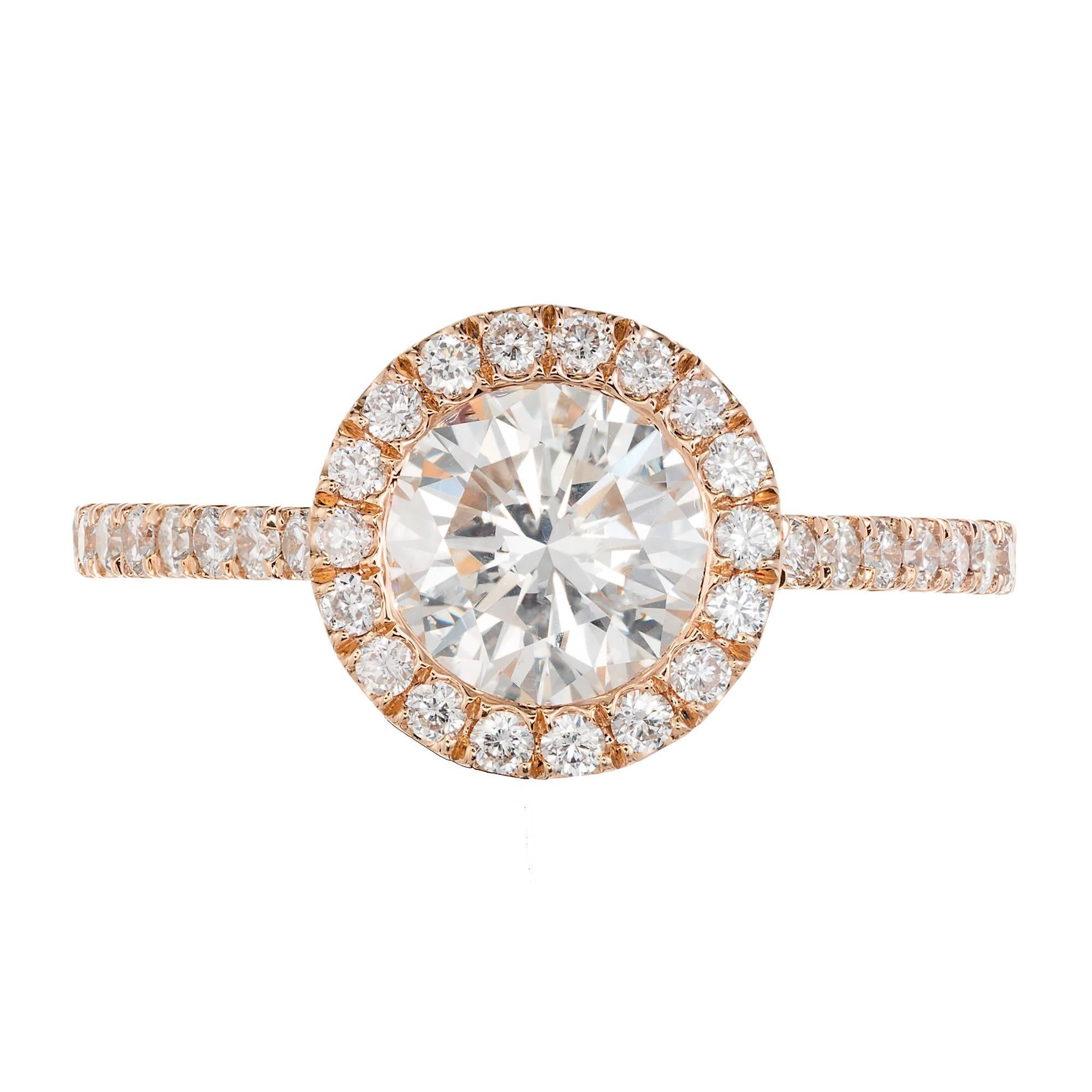 Round Cut Peter Suchy Gia Certified 1.06 Carat Diamond Halo Rose Gold Engagement Ring For Sale