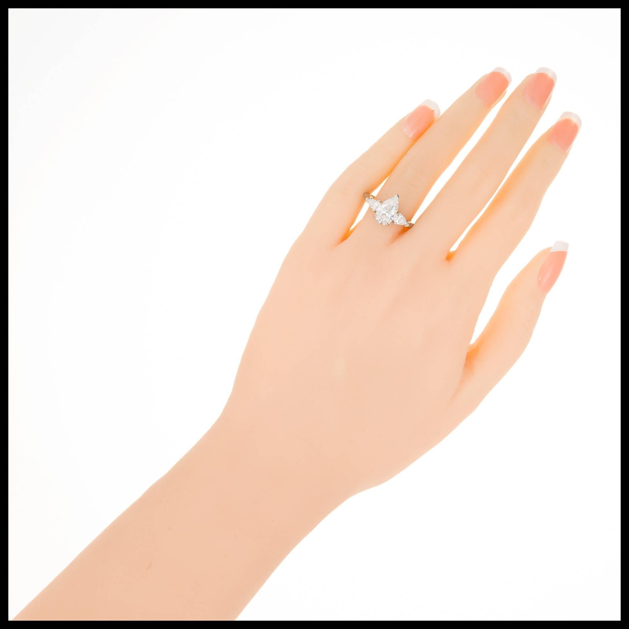 GIA Certified 1.63 Carat Pear Diamond Three-Stone Platinum Engagement Ring 3