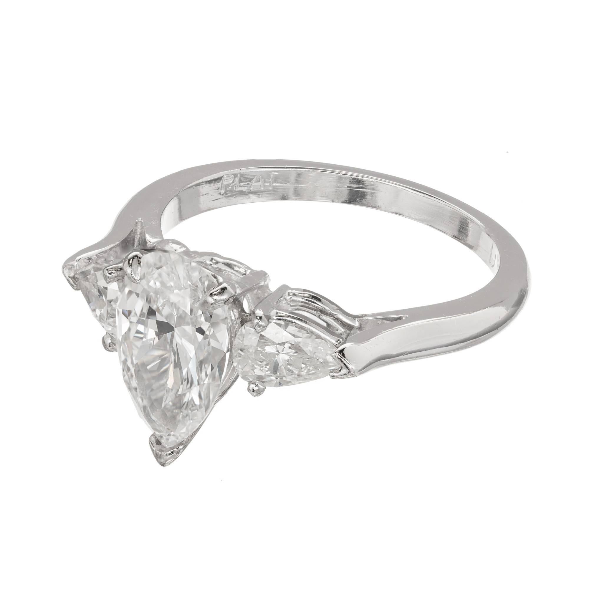 GIA Certified 1.63 Carat Pear Diamond Three-Stone Platinum Engagement Ring In Good Condition In Stamford, CT