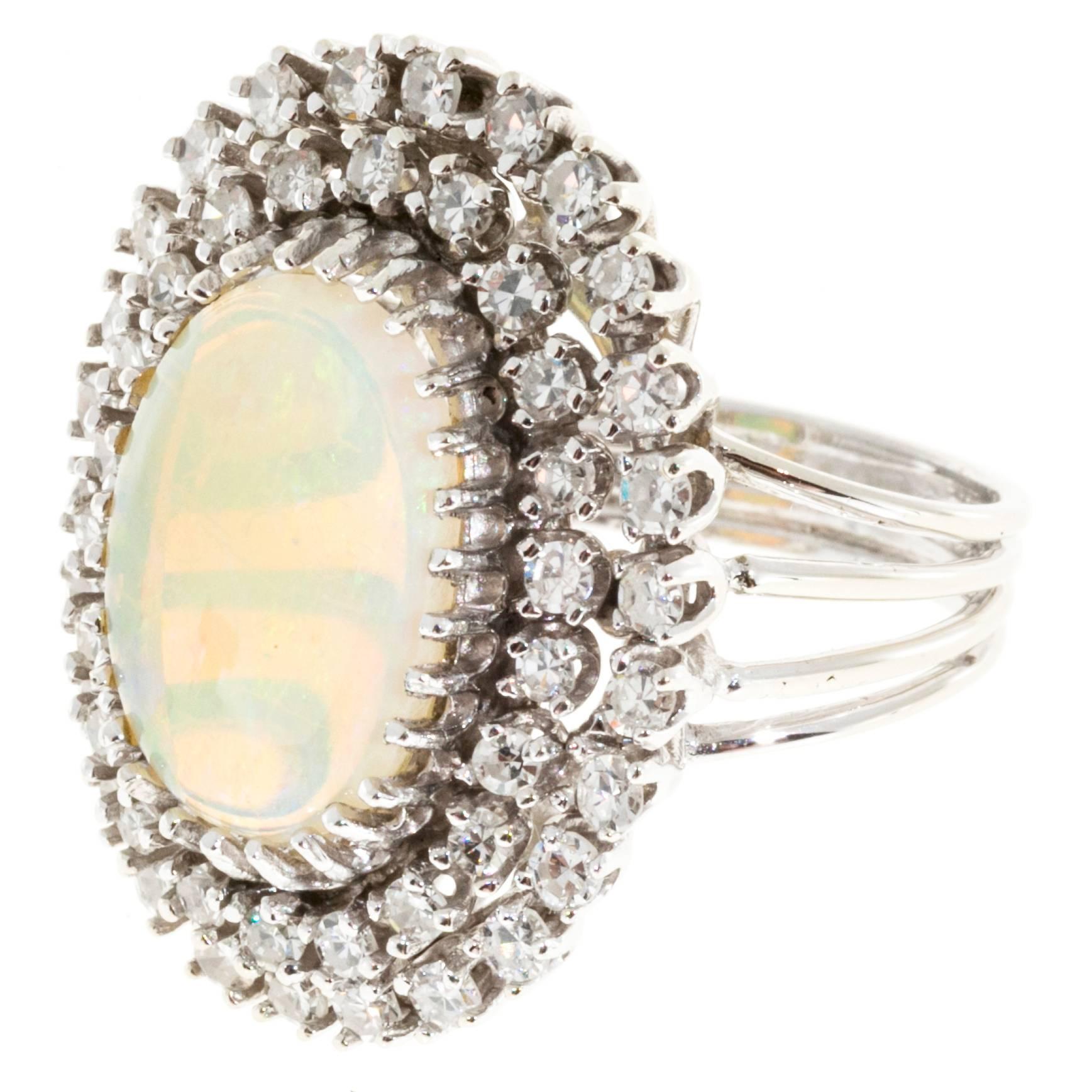 Opal Double Halo Diamond Gold Ring