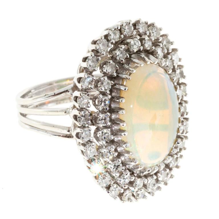 Opal Double Halo Diamond Gold Ring at 1stDibs