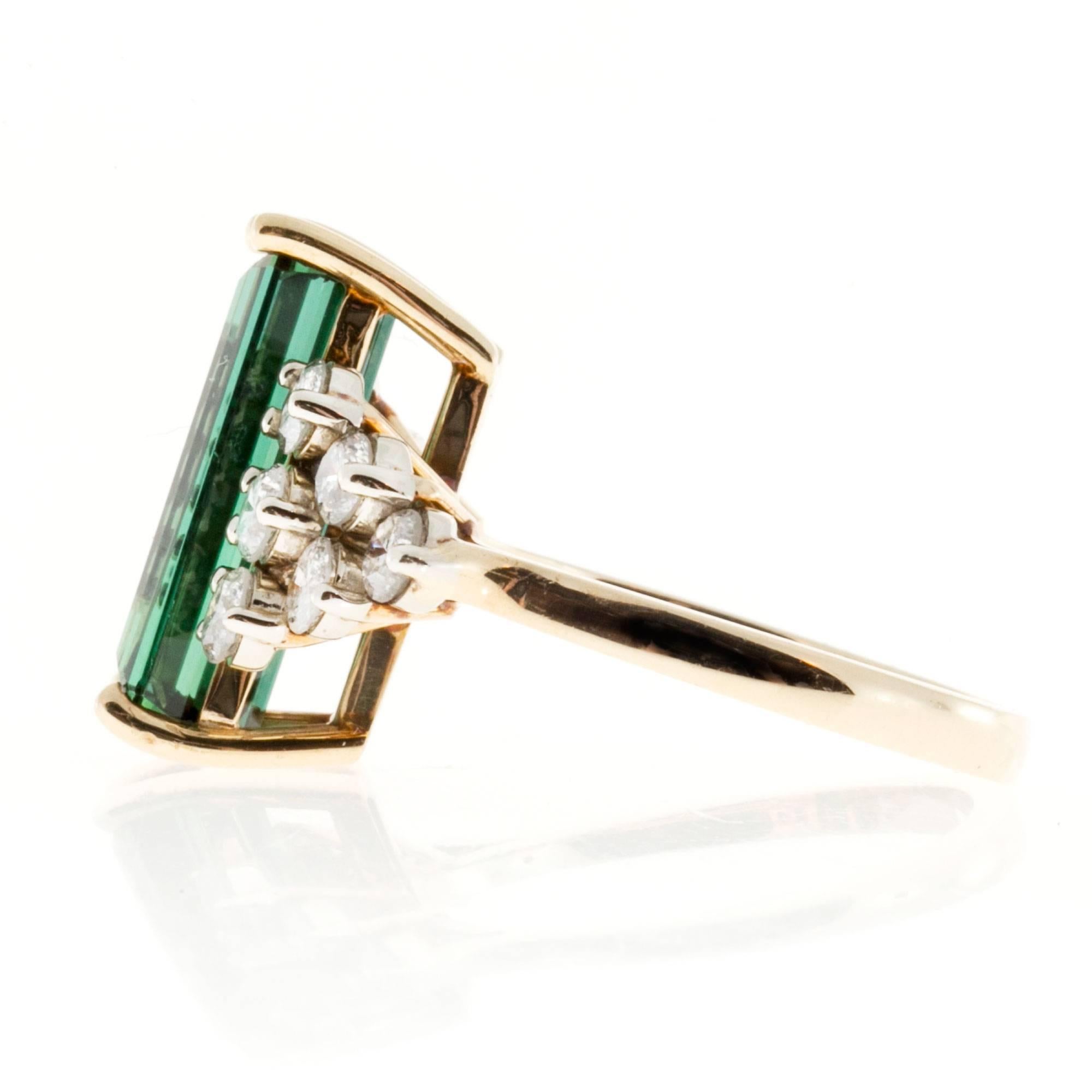 Emerald Cut Peter Suchy Elongated Green Tourmaline Diamond Gold Ring