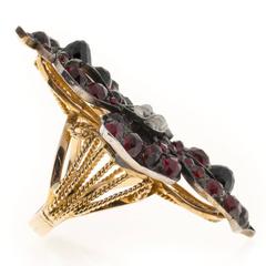 6.50 Carat Garnet Natural Pearl Silver 14k Yellow Gold Ribbon Cocktail Ring