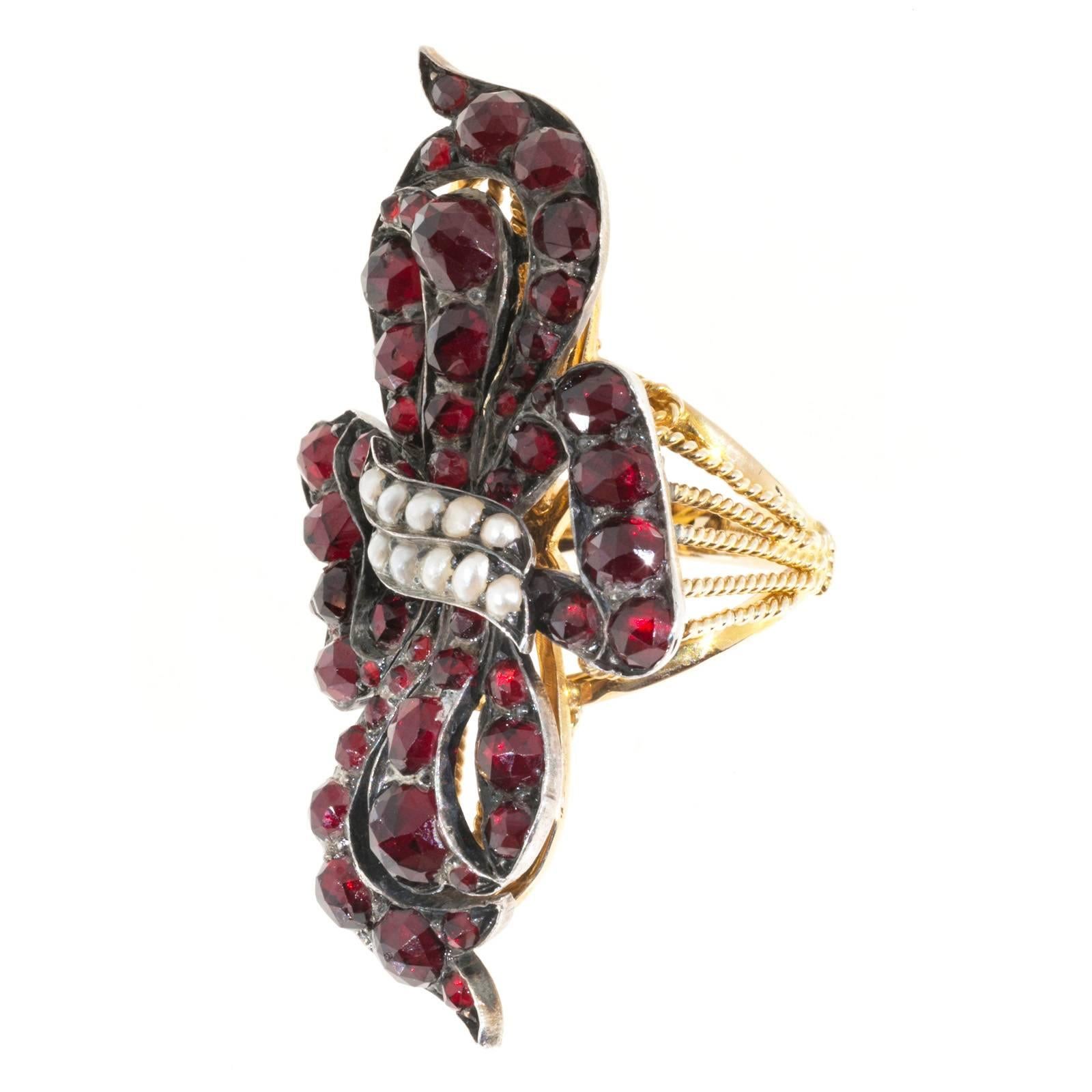 Rose Cut 6.50 Carat Garnet Natural Pearl Silver Gold Ribbon Cocktail Ring For Sale