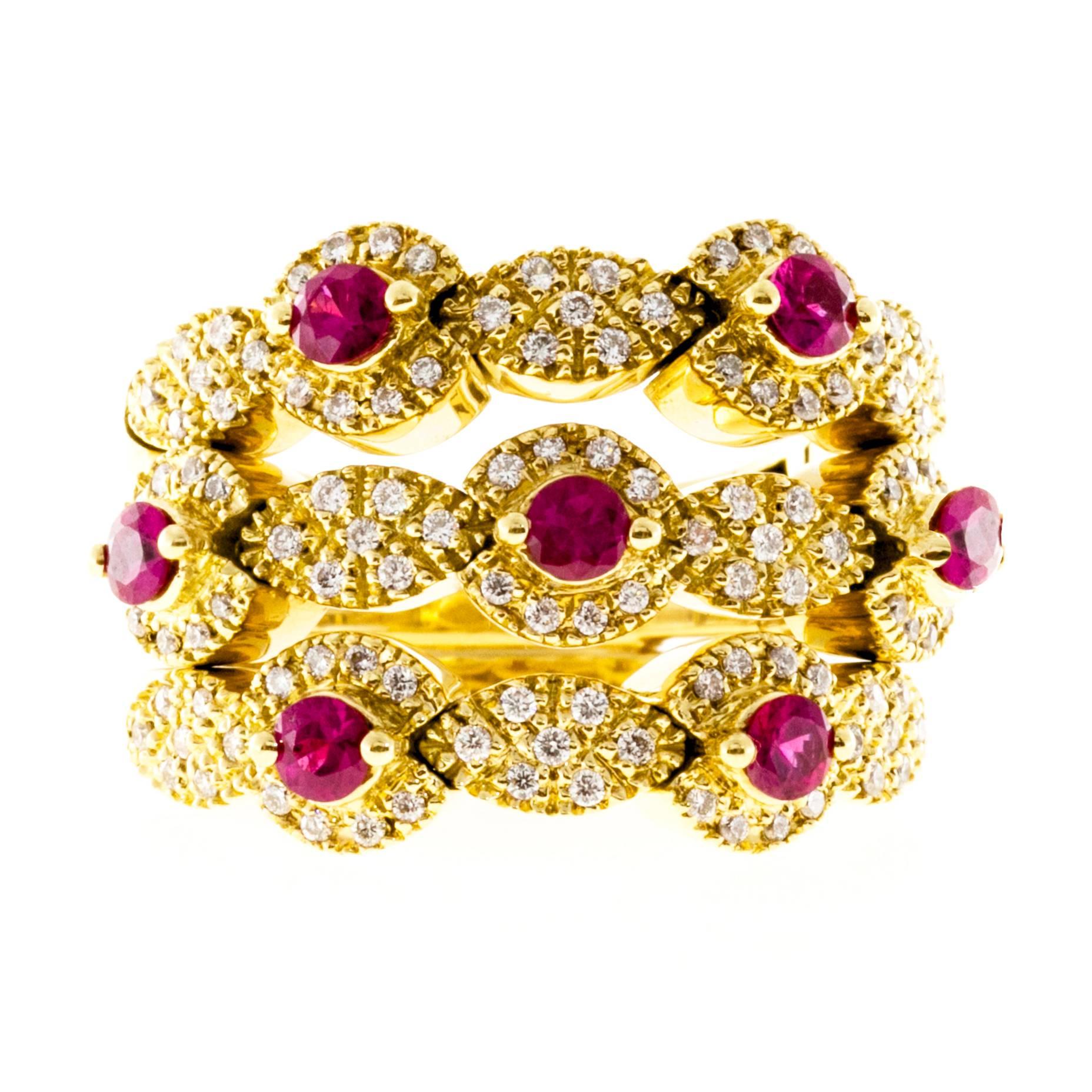 Sonia B Diamond Ruby Yellow Gold Three-Row Ring at 1stDibs