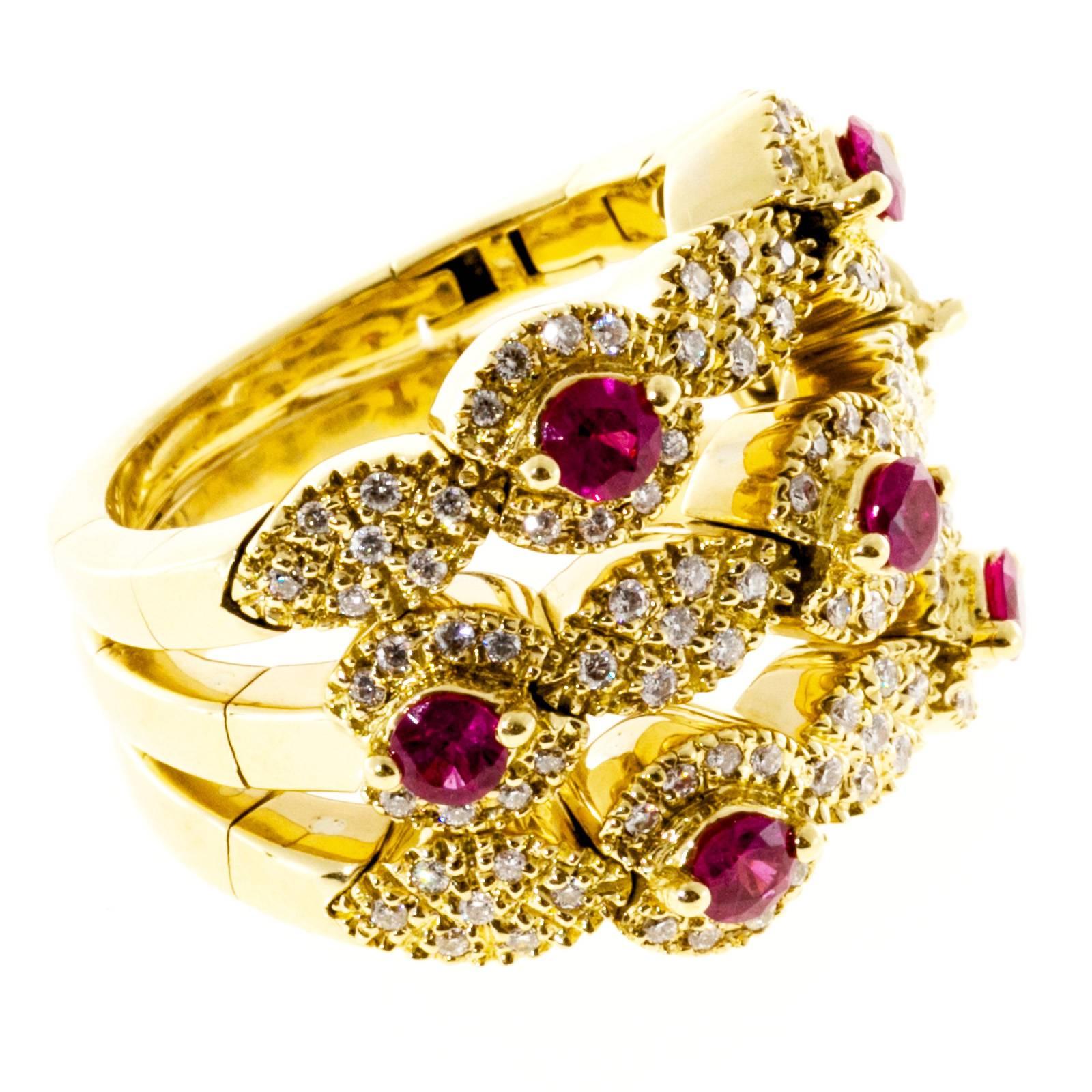Sonia B Diamond Ruby Yellow Gold Three-Row Ring at 1stDibs