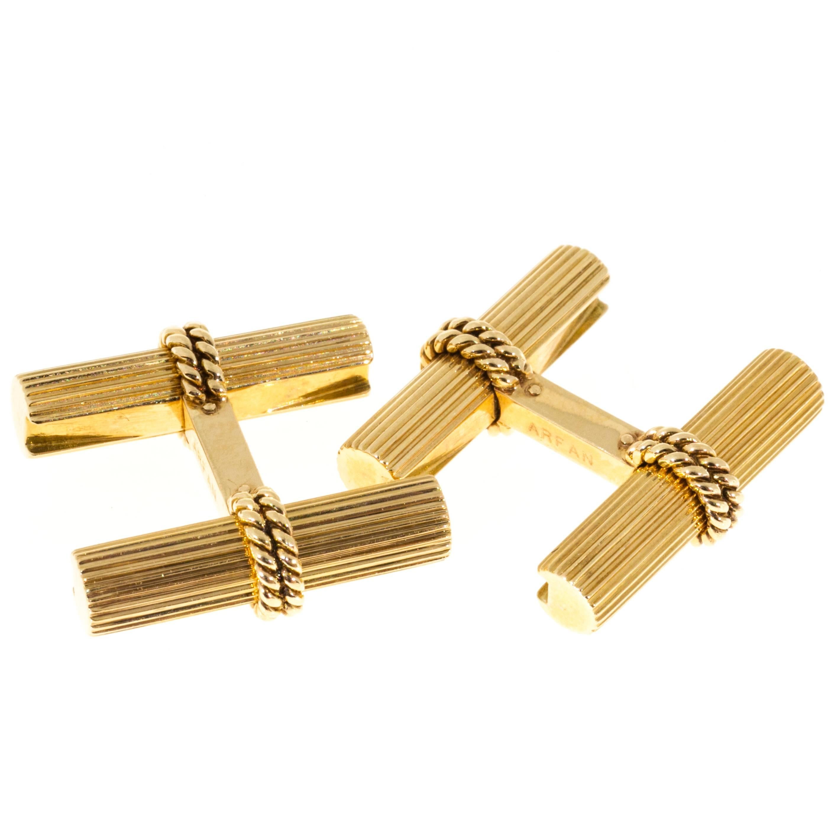 Arfan Tiger Eye Hematite Gold Ribbed Tube Cufflinks In Good Condition For Sale In Stamford, CT