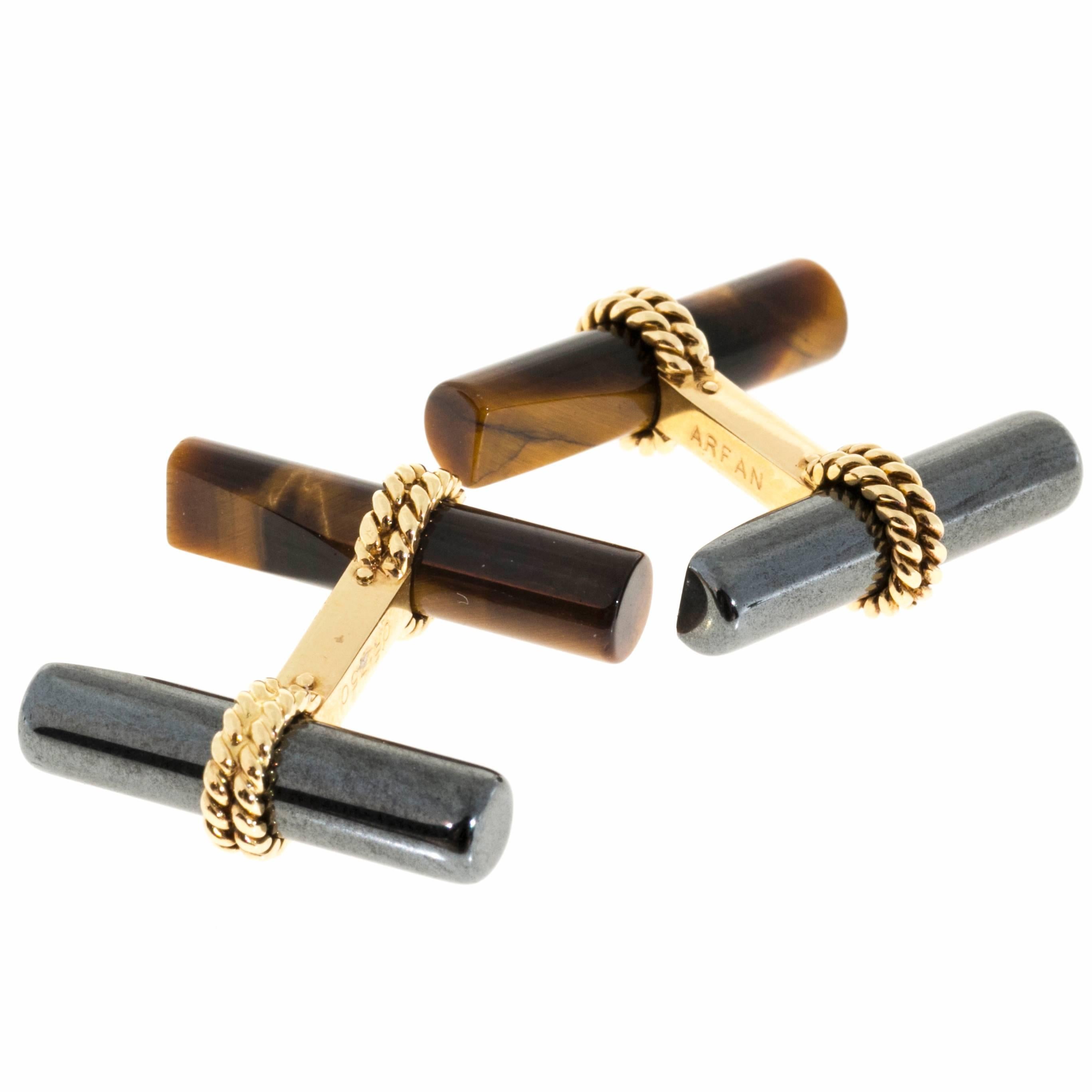 1960's 18k yellow gold cuff links with interchangeable ribbed gold and genuine gem stone tubes. Combinations of gold on both sides or gold on one side and Tiger Eye or Hematite on the other can be used. The tubes are removed by rotating and sliding