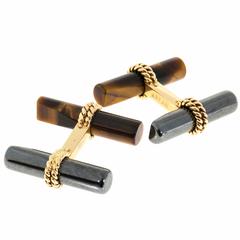 Arfan Tiger Eye Hematite Gold Ribbed Tube Cufflinks