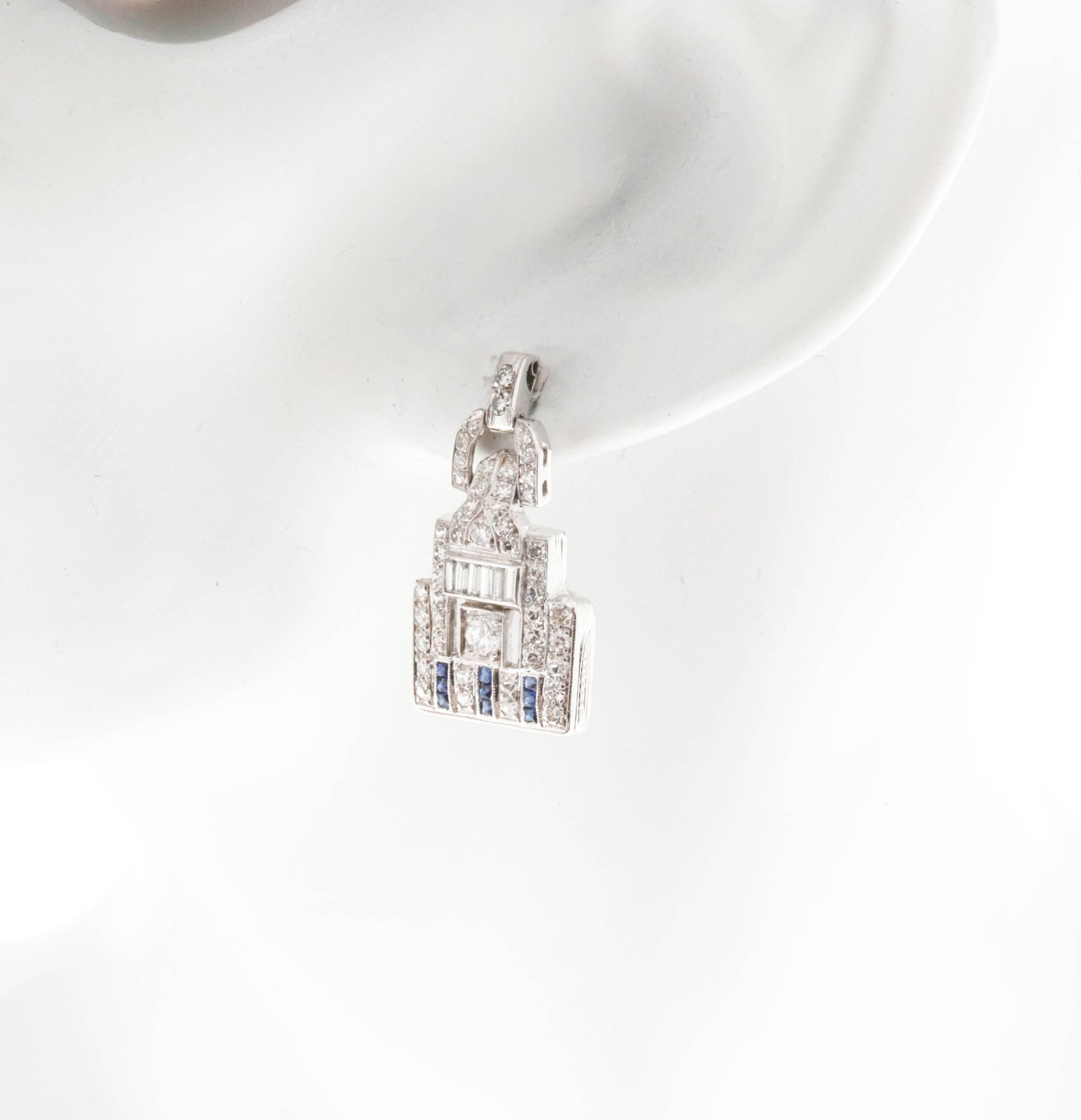 Women's Diamond Calibre Blue Sapphire Platinum Dangle Earrings