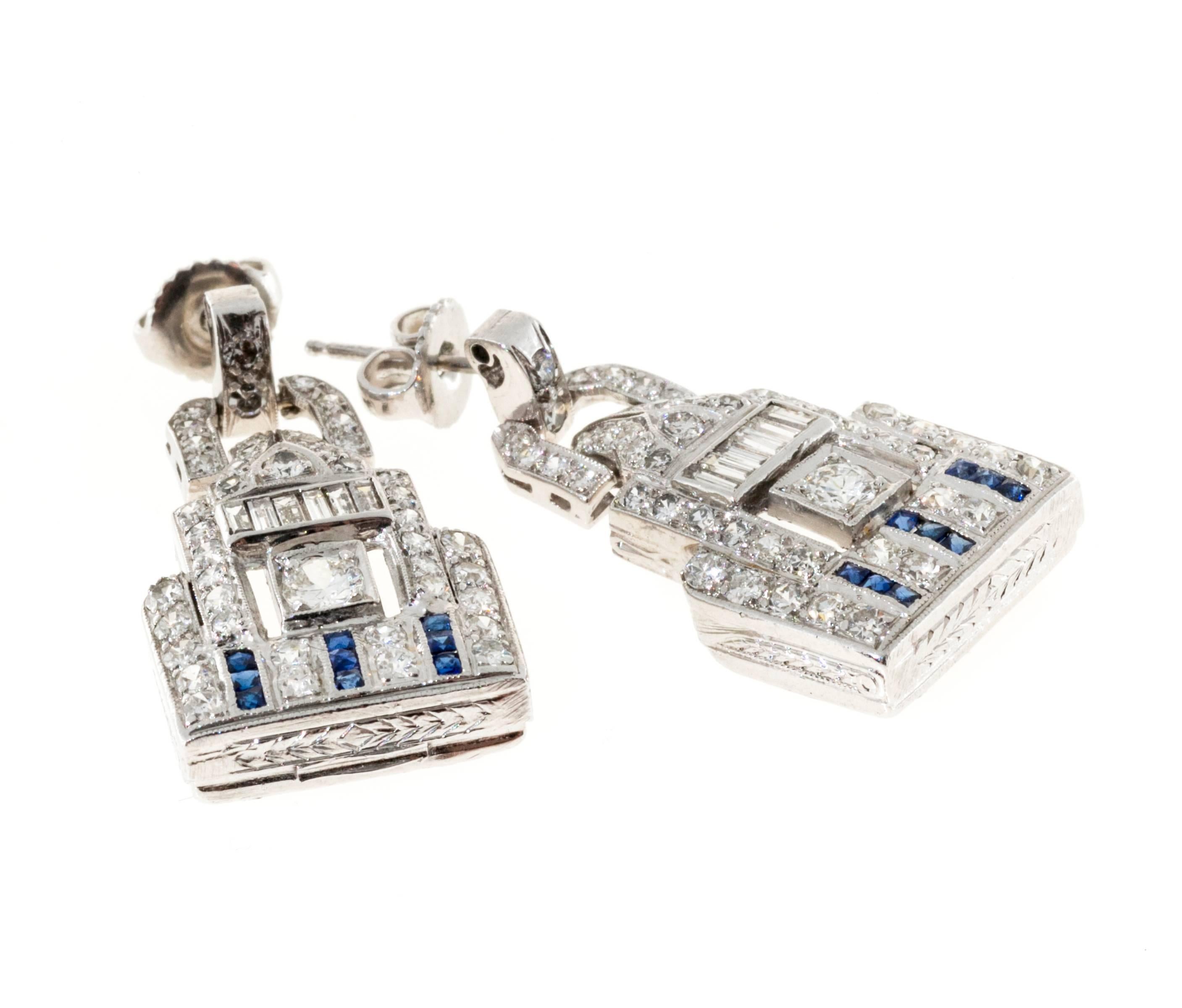 Diamond Calibre Blue Sapphire Platinum Dangle Earrings In Good Condition In Stamford, CT