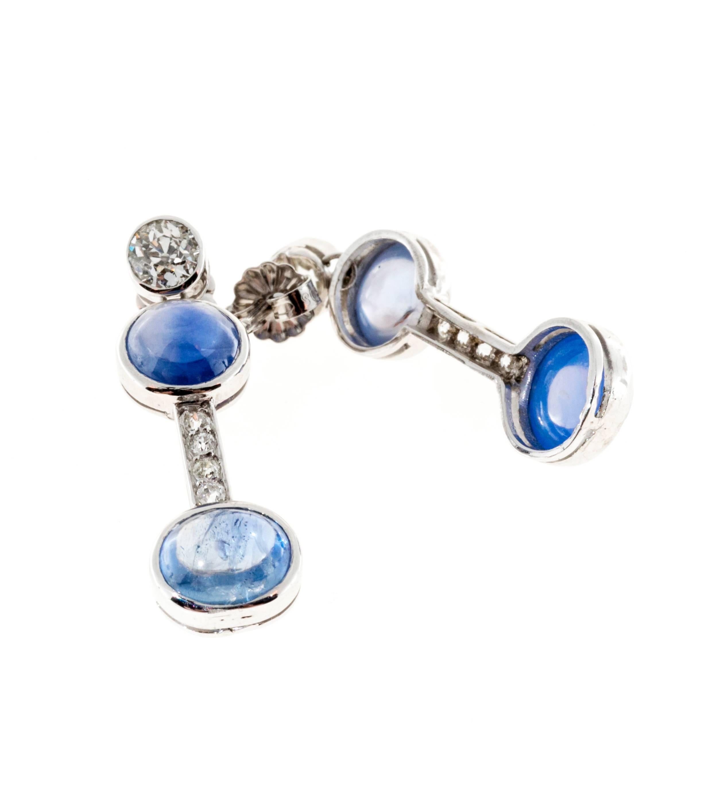 Women's Cabochon Blue Sapphire Diamond Platinum Dangle Earrings