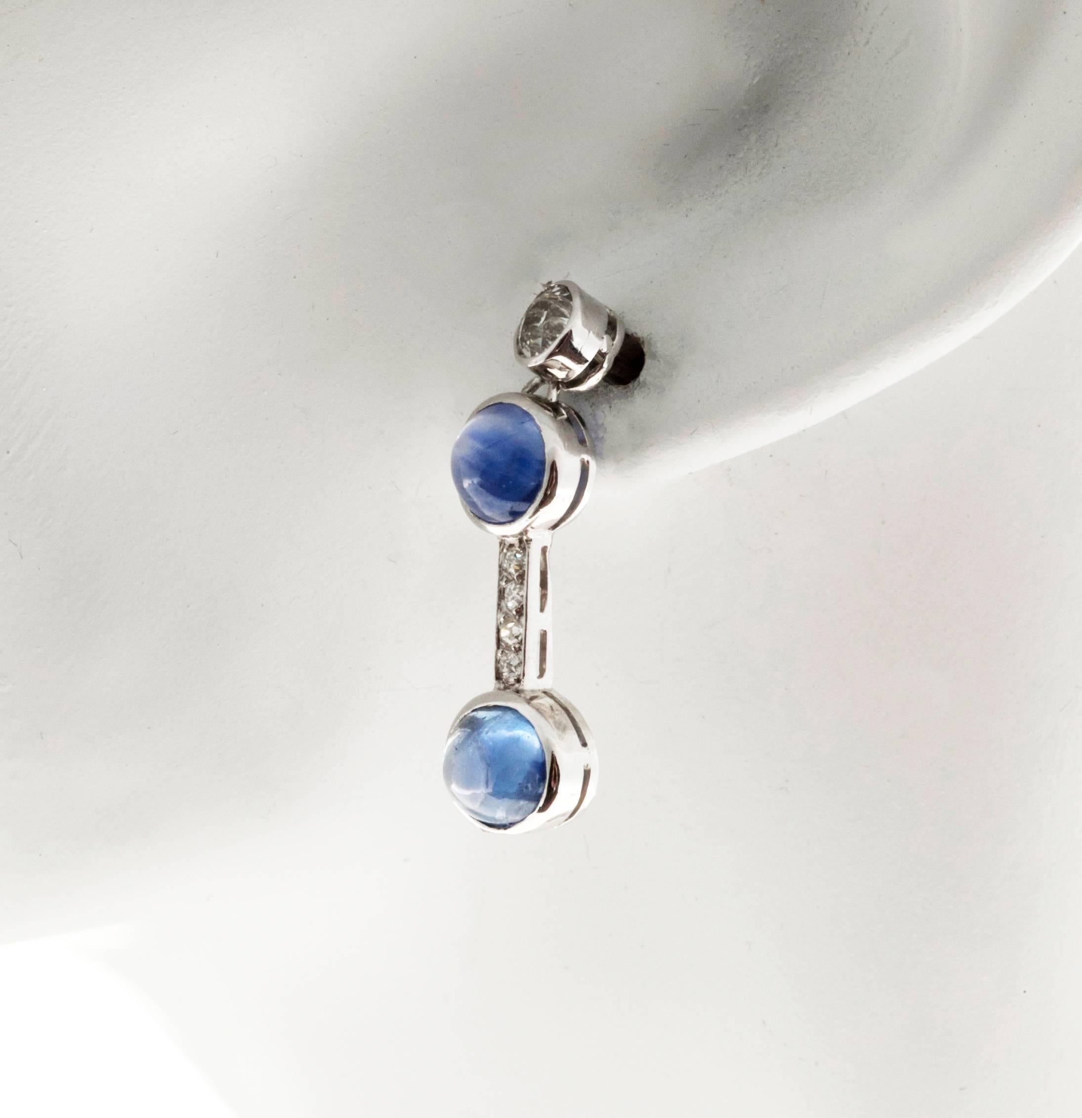 Cabochon Blue Sapphire Diamond Platinum Dangle Earrings In Good Condition In Stamford, CT