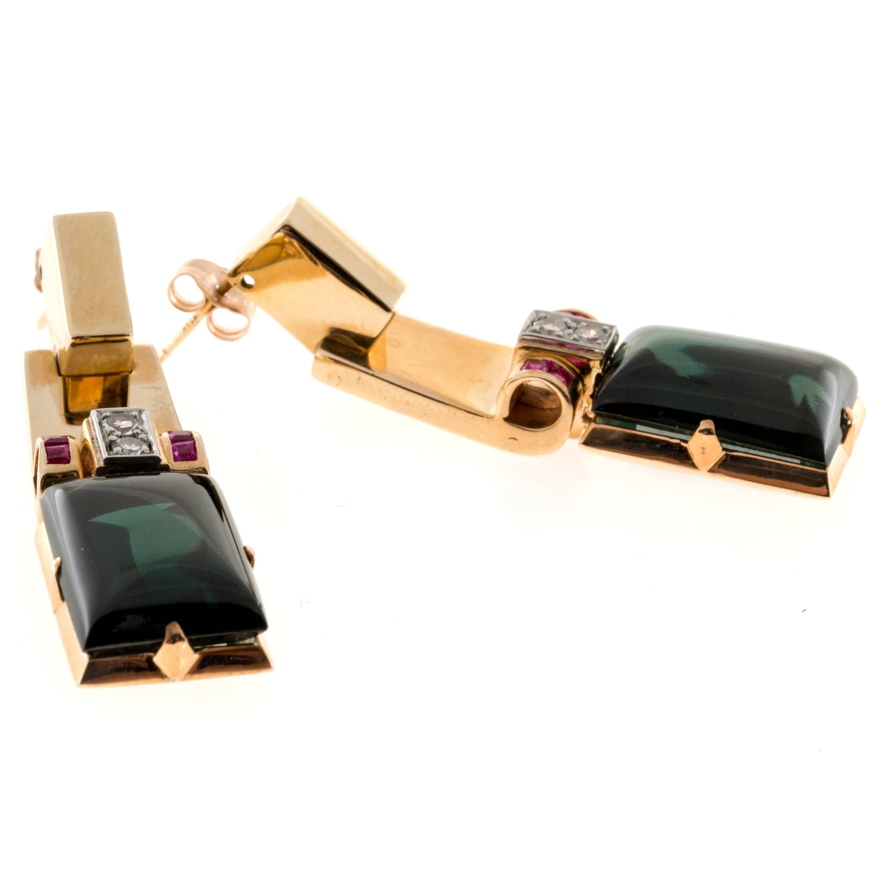 Cabochon Green Tourmaline Ruby Diamond Gold Dangle Earrings 1