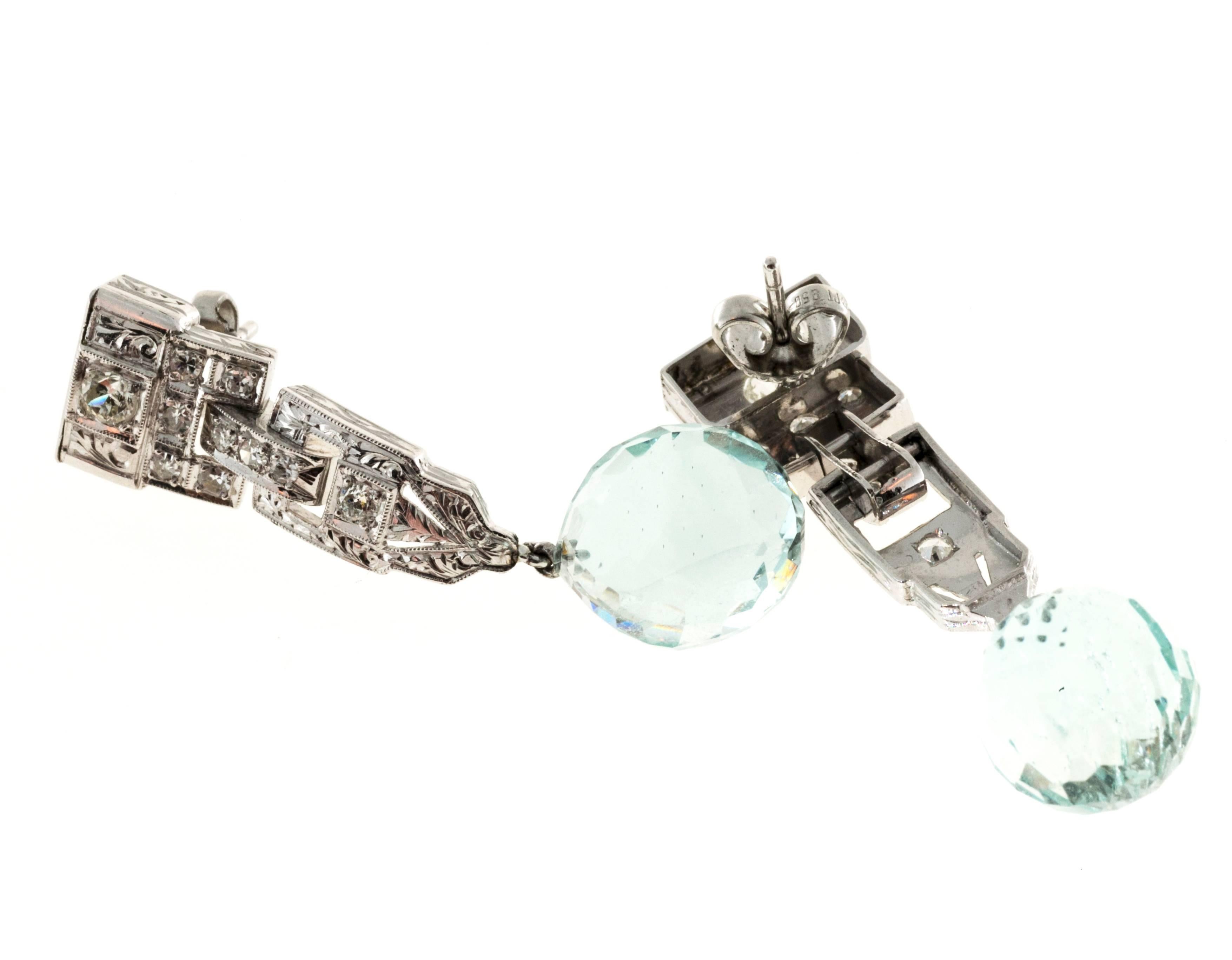 Women's Aquamarine Briolette Diamond Engraved Platinum Dangle Earrings
