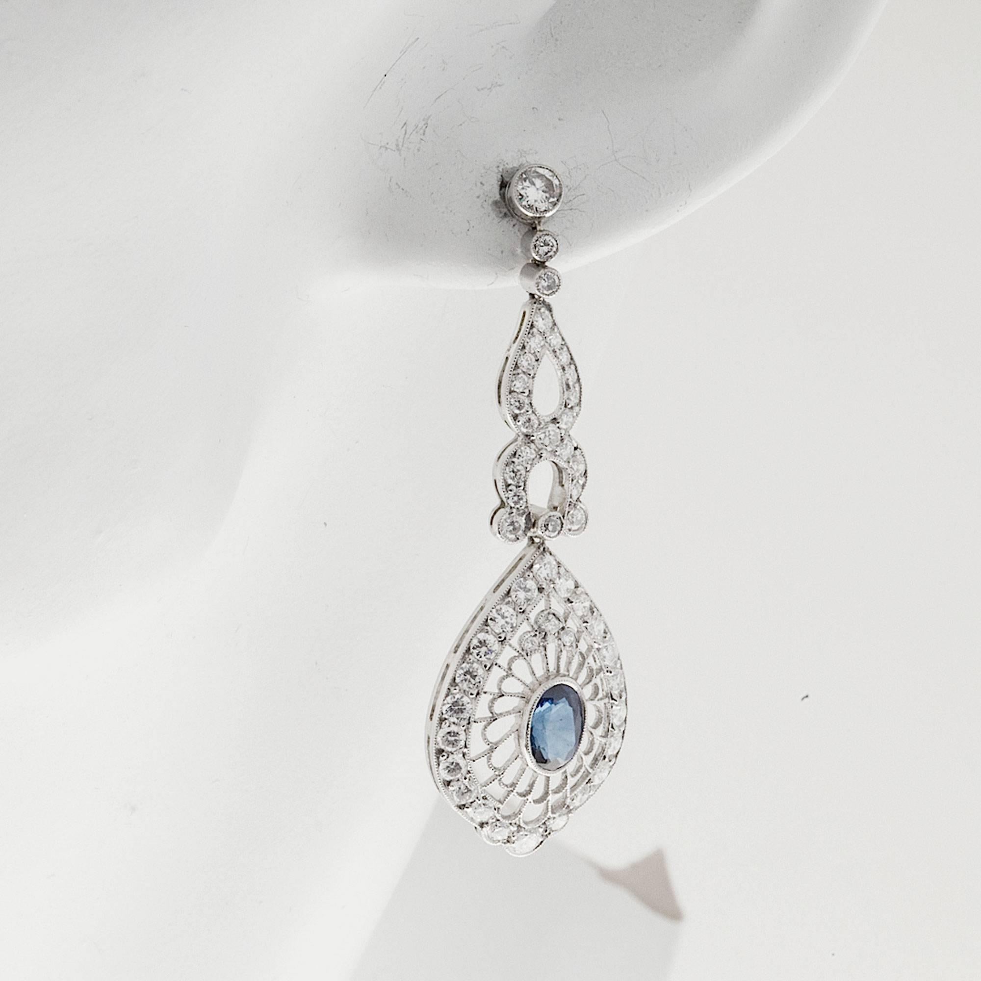 Sapphire Diamond Platinum Dangle Earrings 3