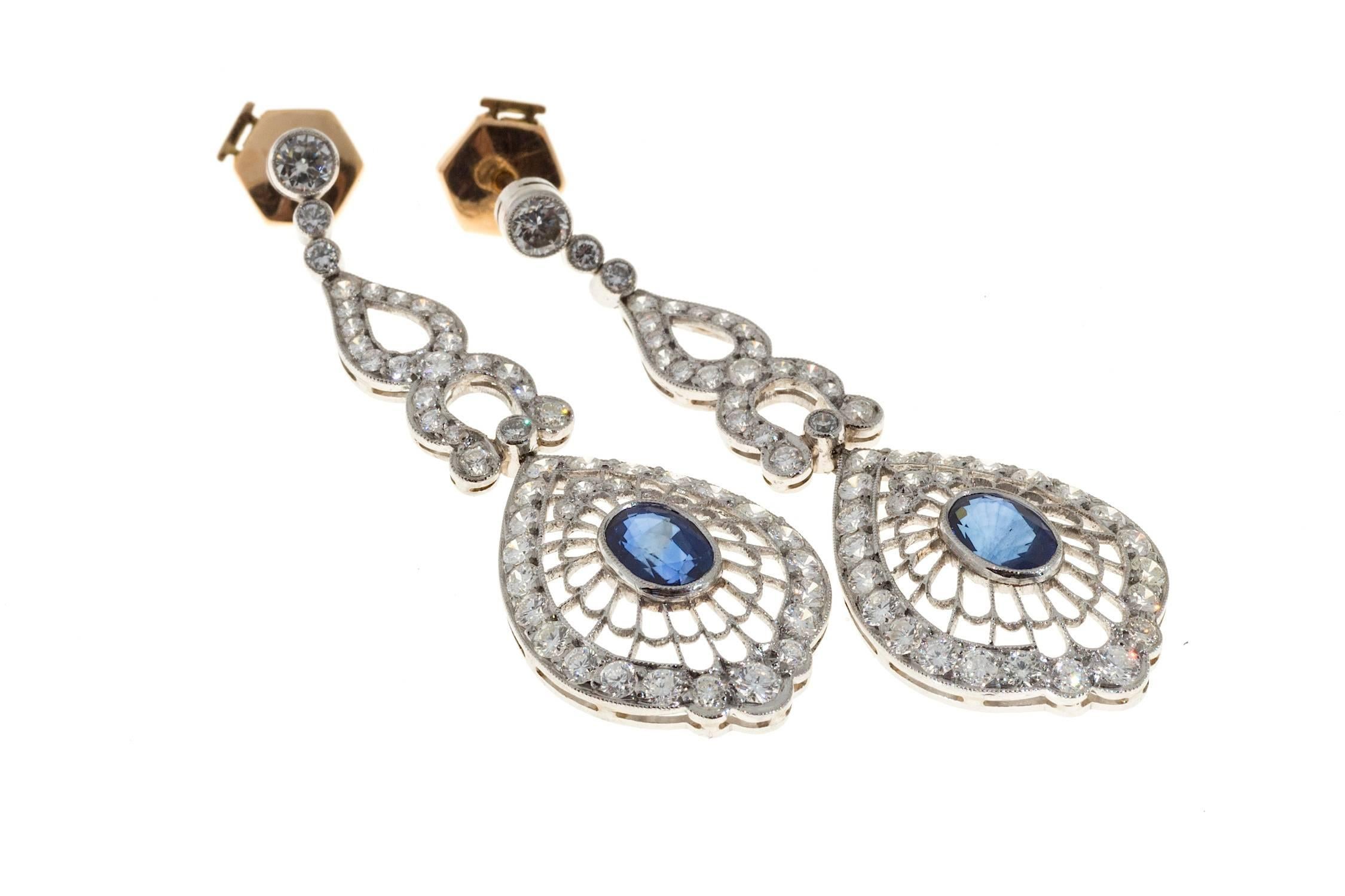 Sapphire Diamond Platinum Dangle Earrings 1