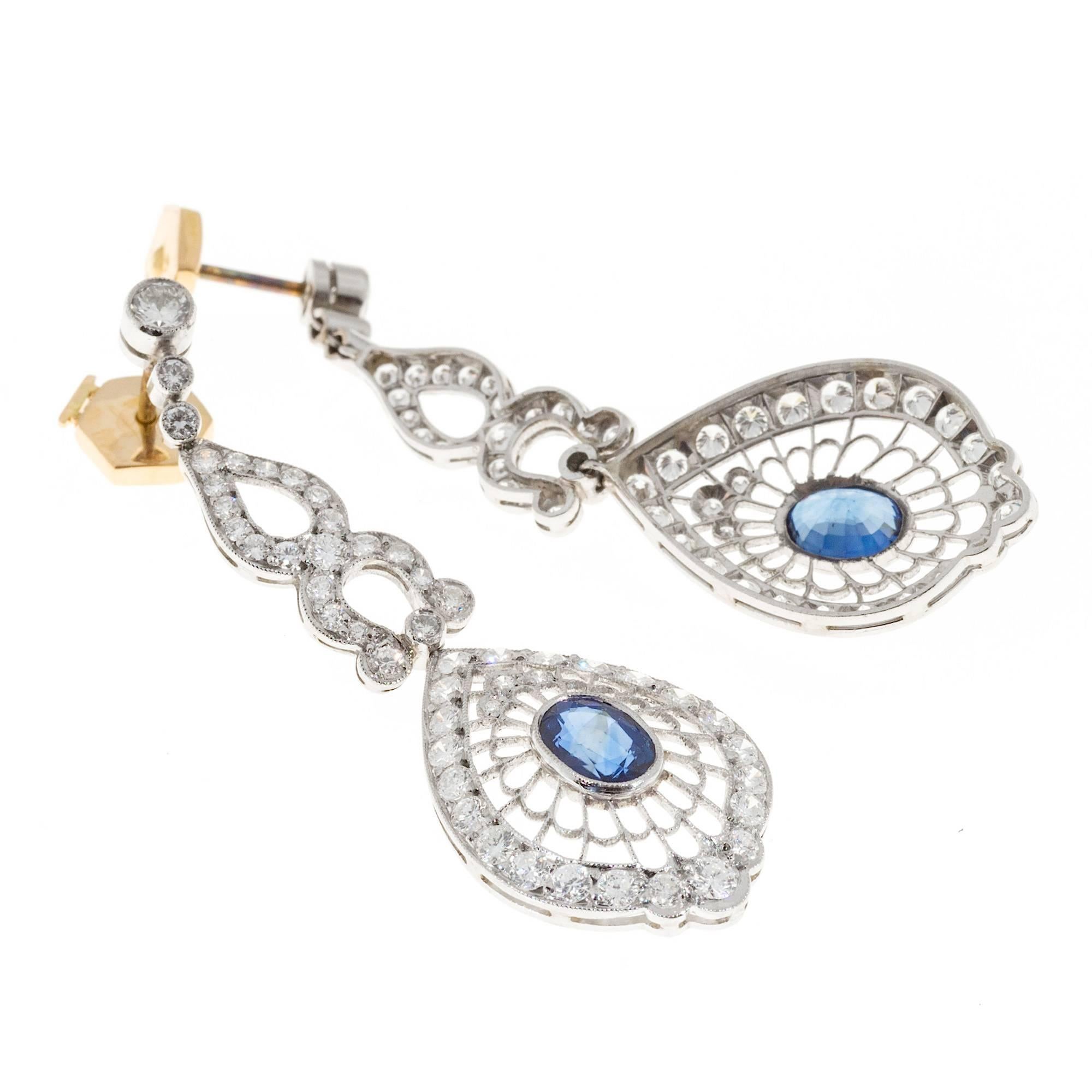 Sapphire Diamond Platinum Dangle Earrings 2