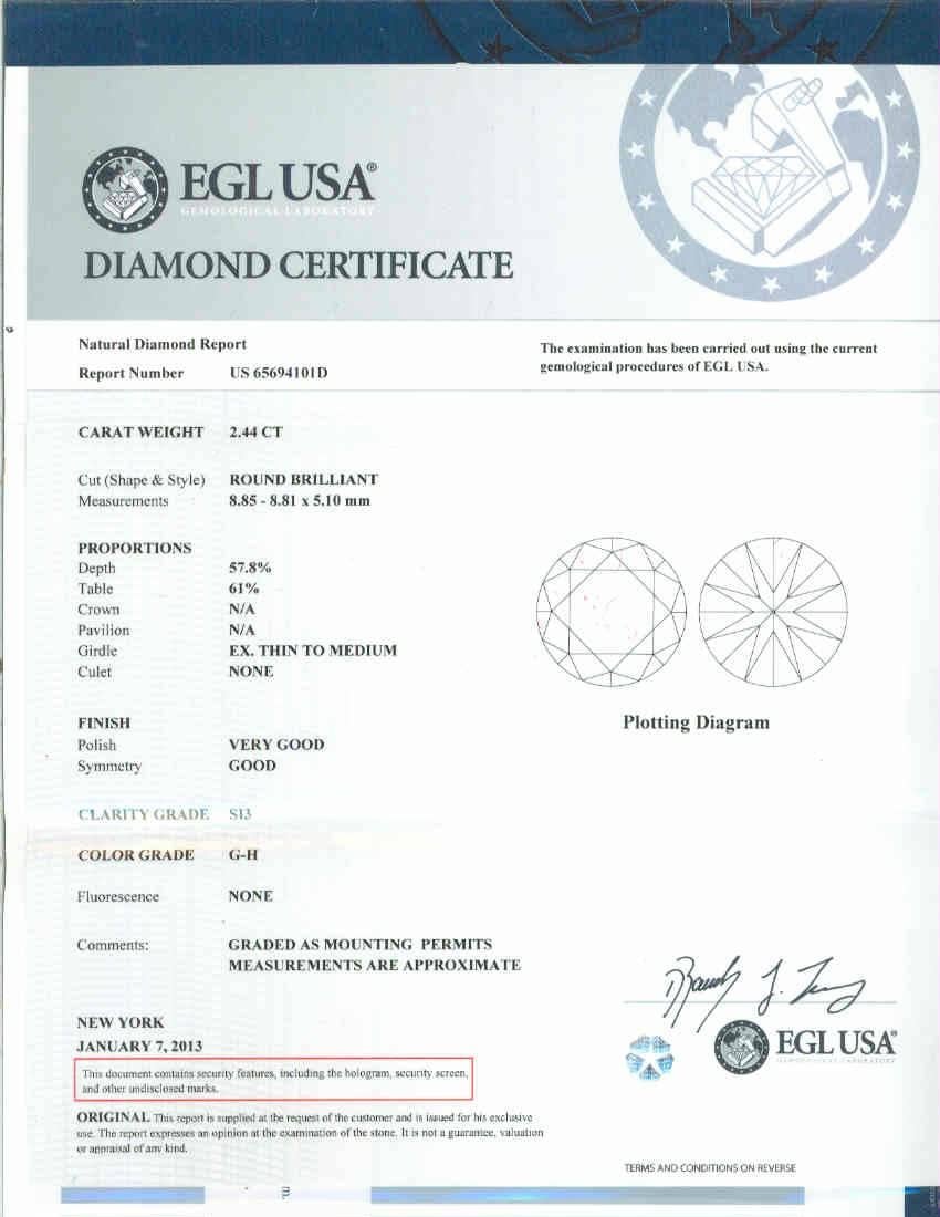 Round Cut Peter Suchy EGL Certified 2.44 Cart Diamond Solitaire Platinum Engagement Ring For Sale