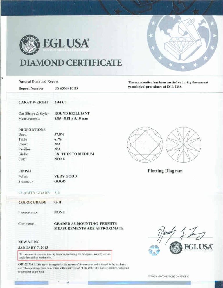 Peter Suchy EGL Certified 2.44 Cart Diamond Solitaire Platinum ...