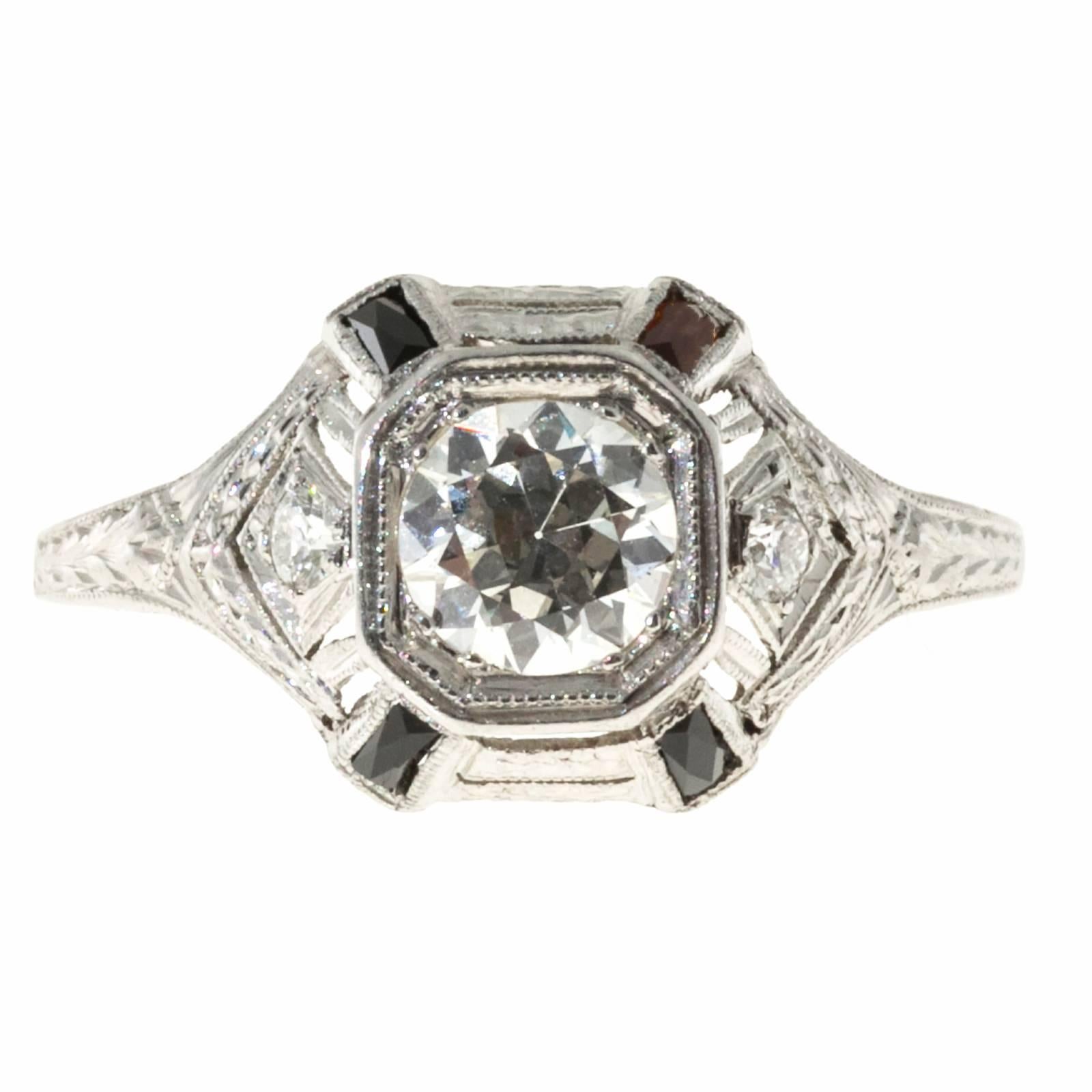 Women's Diamond Onyx Platinum Eight Sided Domed Engagement Ring