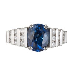 Retro GIA Certified 2.79 Carat Blue Oval Sapphire Diamond Platinum Engagement Ring