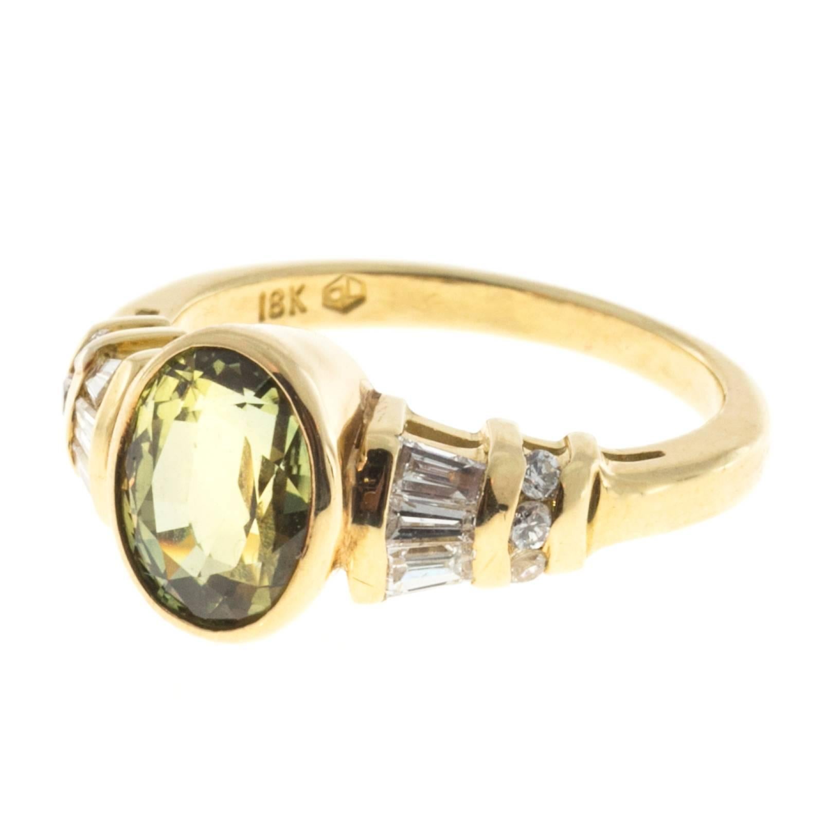 Peter Suchy Natural no heat green yellow Sapphire and diamond 18k yellow gold engagement ring.

1 Natural no heat greenish yellow oval Sapphire not enhanced 2.64ct natural Sapphire, 50% green and 50% yellow. AGL Certificate # GB 50724
6 round full