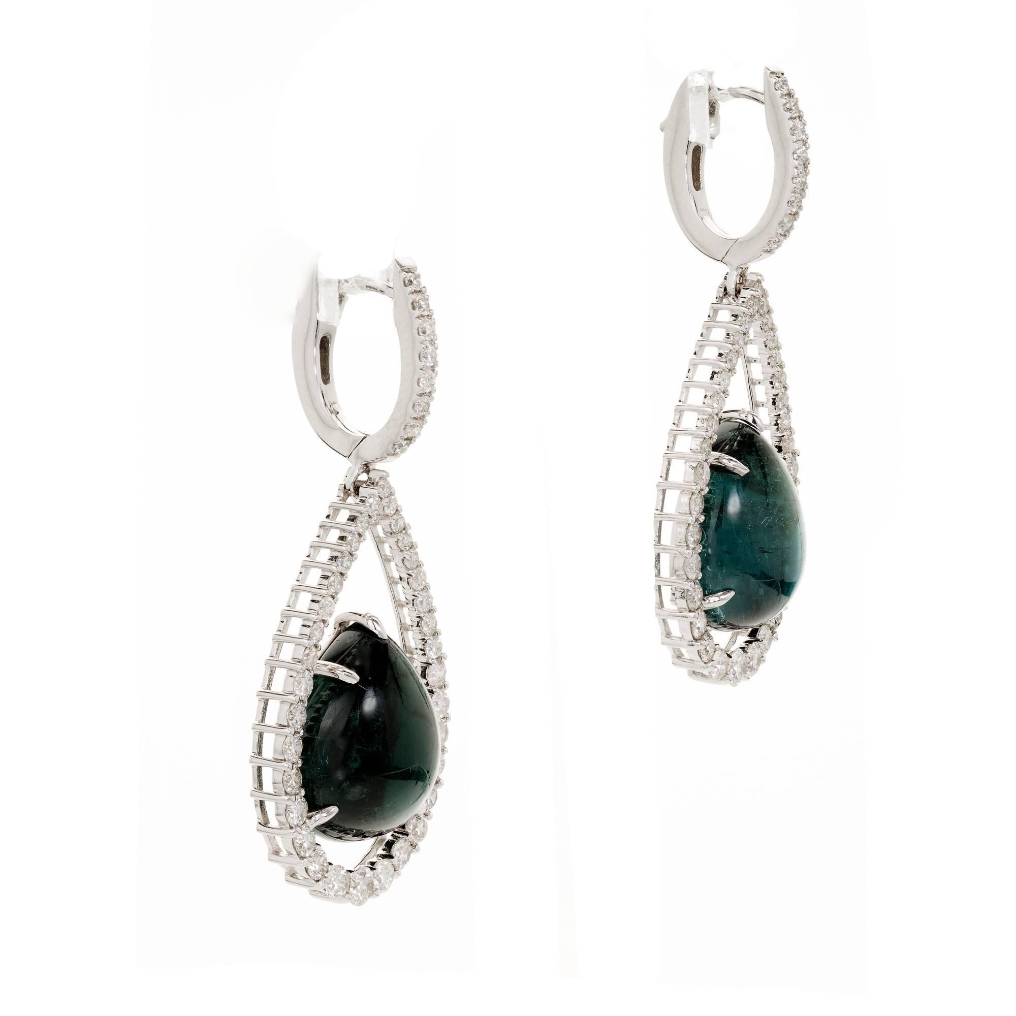 Peter Suchy 15.84 Carat Blue Cabochon Tourmaline Diamond Gold Dangle Earrings In Good Condition For Sale In Stamford, CT