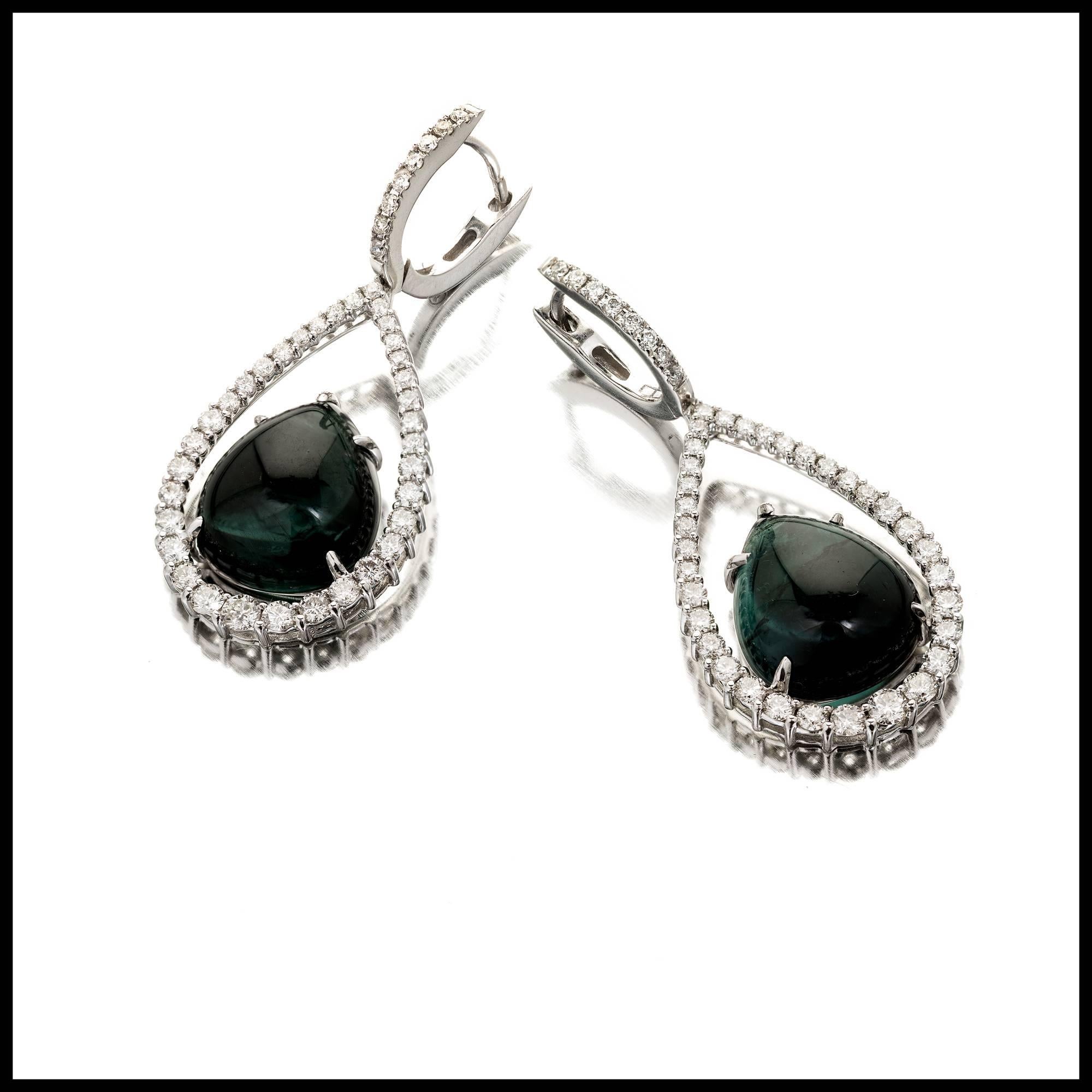 Women's Peter Suchy 15.84 Carat Blue Cabochon Tourmaline Diamond Gold Dangle Earrings For Sale