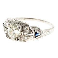 Old European Diamond Sapphire Platinum Ring