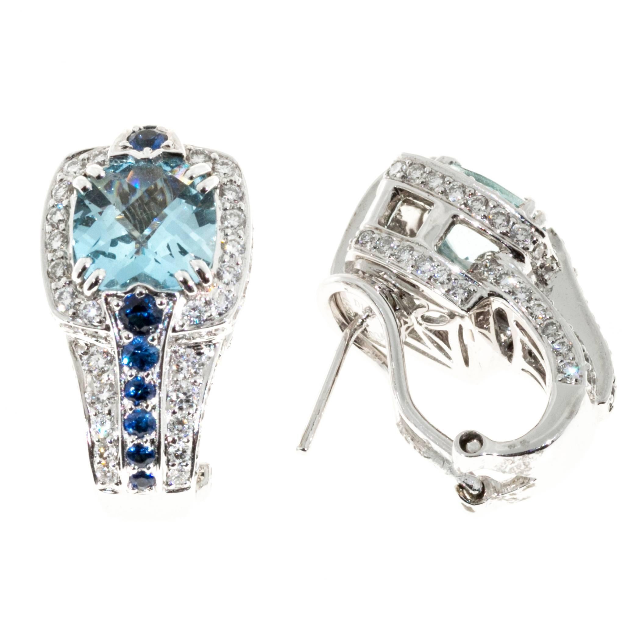 Charles Krypell  Aquamarine Sapphire Diamond Gold Earrings In Good Condition In Stamford, CT