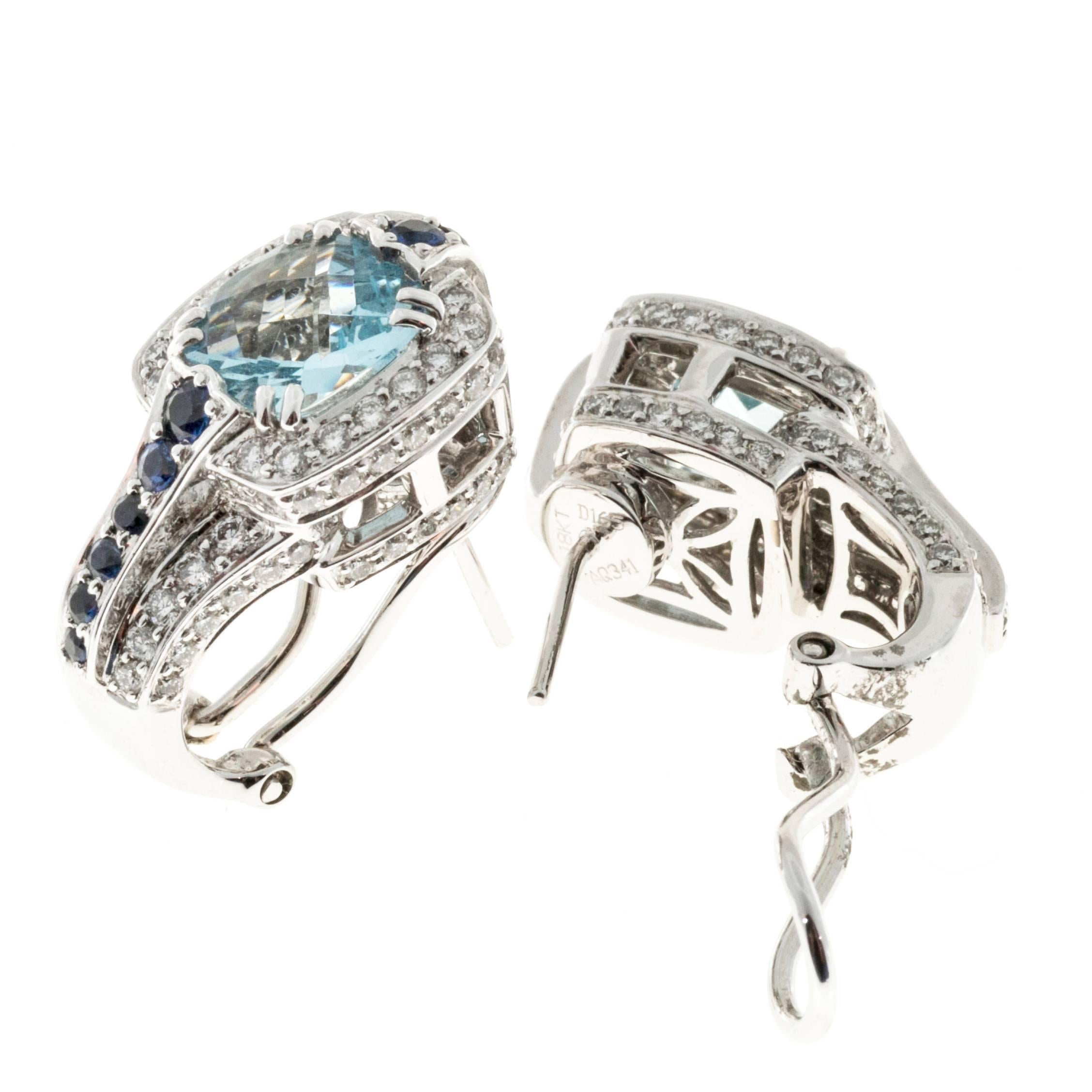 Charles Krypell natural untreated Aqua earrings in 18k white gold with  diamonds and fine Sapphires. 

2 natural cushion Aqua, approx. total weight 3.41ct, 8.5 x 8.5mm
22 round fine Sapphires approx. total weight .60cts
168 diamonds approx.