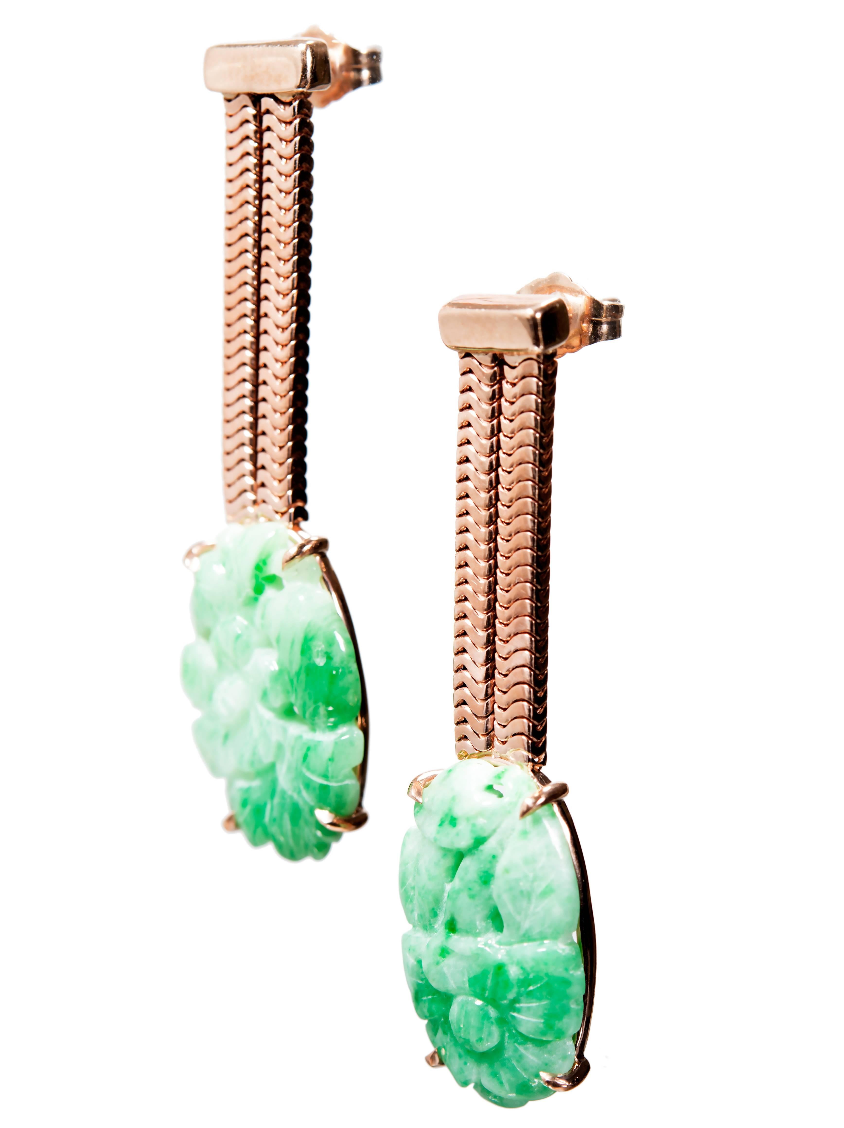 Women's Peter Suchy GIA Certified Jadeite Jade Rose Gold Dangle Earrings For Sale